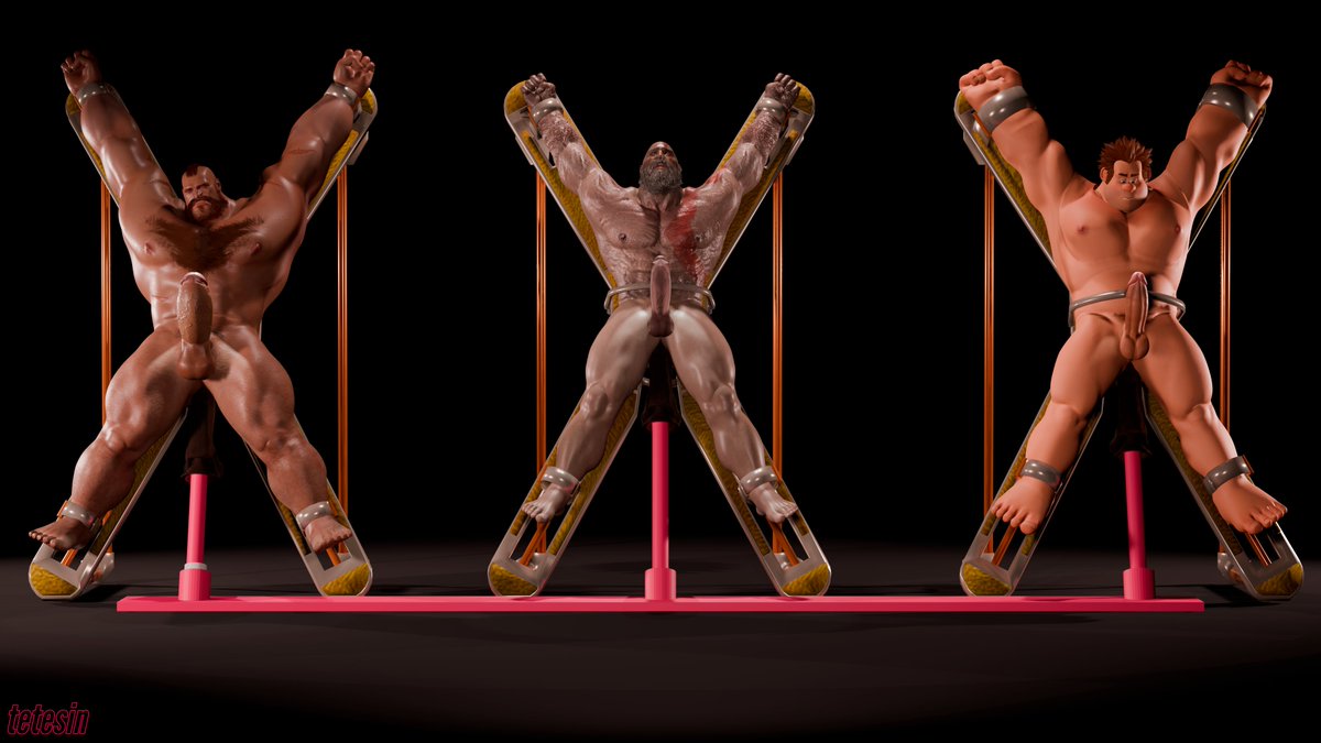 3d bald bald_man bara beard bondage brown_hair completely_naked completely_nude completely_nude_male crossover crucifix daddy dilf gay god_of_war god_of_war_ragnarok hairy_chest hairy_male humiliation imprisoned kratos male male_only muscular muscular_male nude penis ralph_(wreck-it_ralph) restrained street_fighter street_fighter_6 tetesin tied_to_pole tied_up wreck-it_ralph zangief