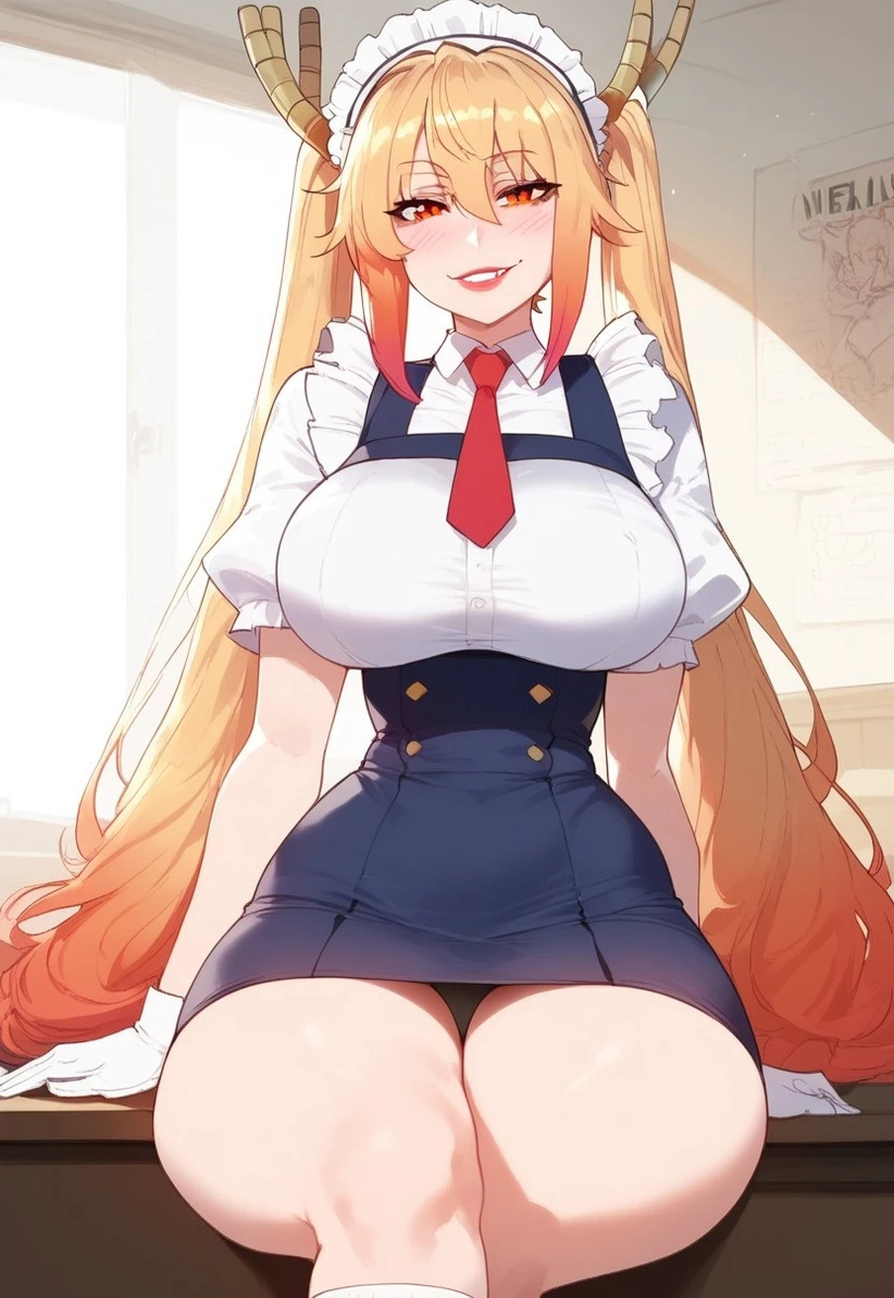 ai_generated athletic_female bare_thighs big_breasts blonde_hair dragon_girl dragon_horns horn horns huge_breasts huge_thighs kobayashi-san_chi_no_maidragon light-skinned_female light_skin livefrog looking_at_viewer massive_breasts multicolored_hair orange_eyes panties pantyhose short_dress smiling solo_female squatting sweat sweatdrop thick_thighs thighs thighs_bigger_than_head tohru_(dragon_maid) twintails voluptuous voluptuous_female