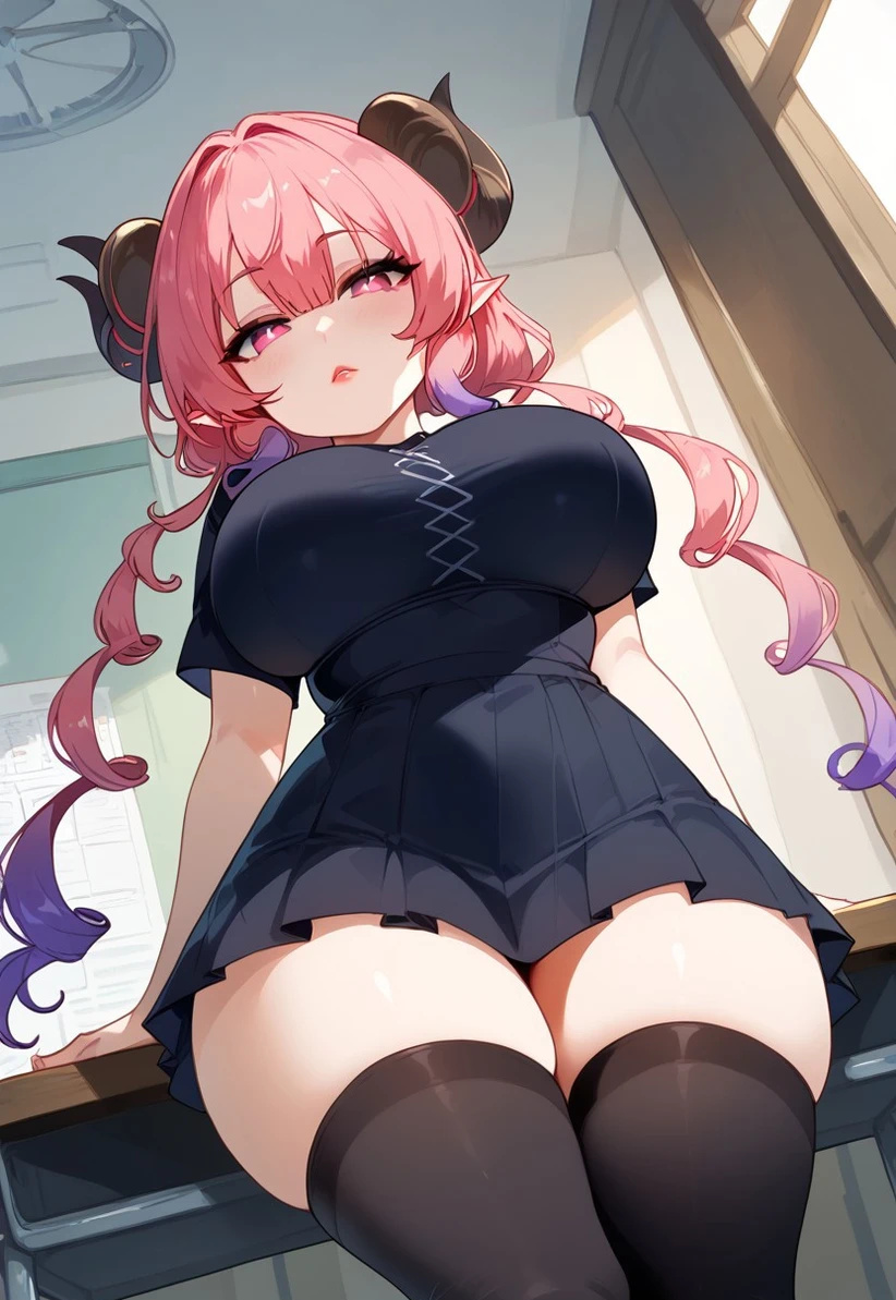 ai_generated bare_thighs braided_hair dragon_girl dragon_horns gigantic_breasts horn horns huge_breasts huge_thighs ilulu_(dragon_maid) kobayashi-san_chi_no_maidragon light-skinned_female light_skin livefrog looking_at_viewer massive_breasts multicolored_hair pink_eyes pink_hair short_dress shortstack solo_female squatting stockings sweat sweatdrop thick_body thick_female thick_thighs thighs voluptuous voluptuous_female