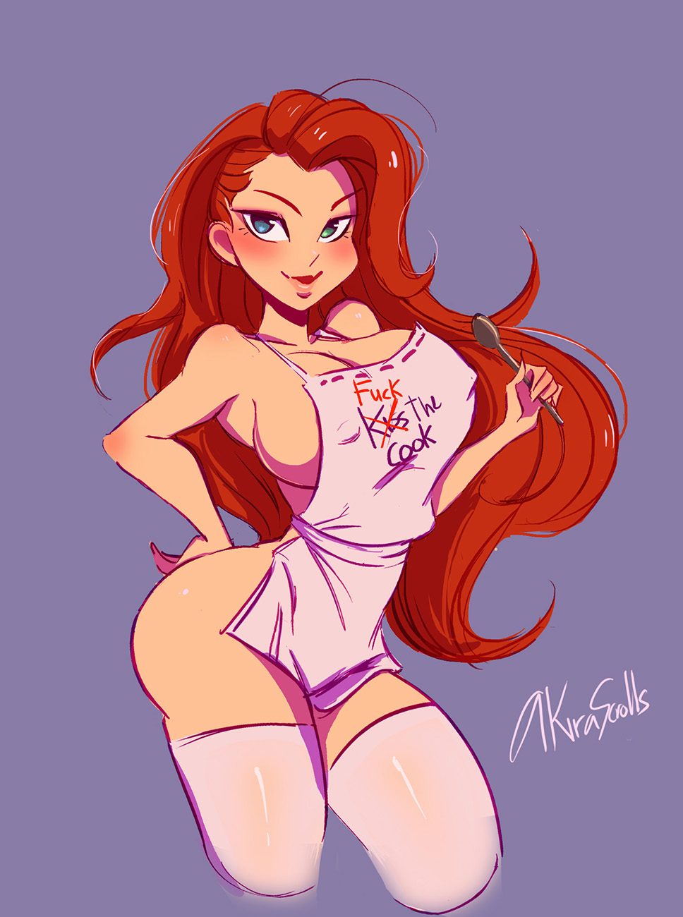 1girls, akirascrolls, apron, artist name, big breasts, breasts, female, female only, hair, long hair, red hair, signature, solo, thighhighs