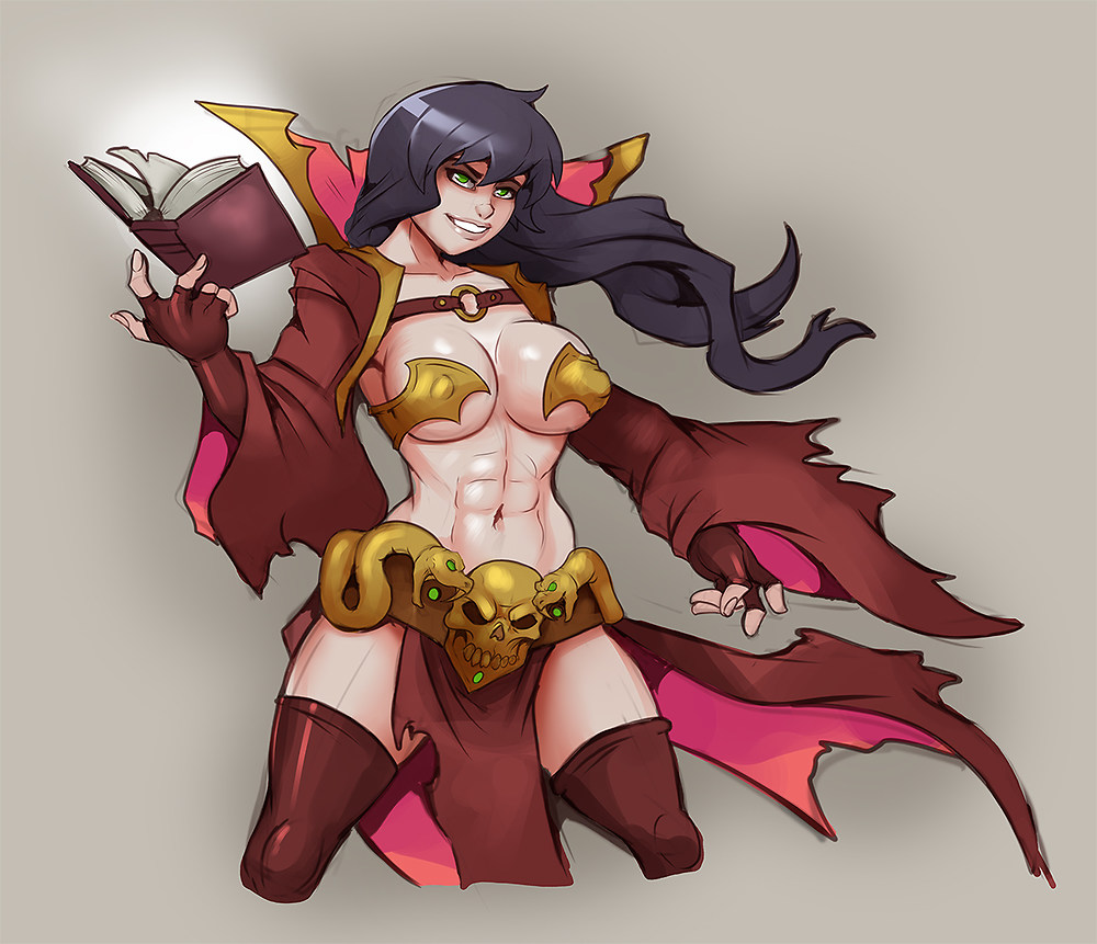 1girls, abs, armor, black hair, book, breasts, clothed, female, female only, green eyes, human, large breasts, markydaysaid, muscular, muscular female, original character, sketch, smile, warlock