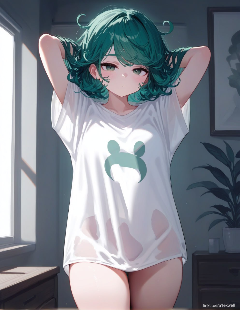 1girls a1exwell ai_generated arms_behind_back bodsur cute female green_eyes green_hair no_bra no_panties one-punch_man oversized_clothea sfm stable_diffusion t-shirt tatsumaki