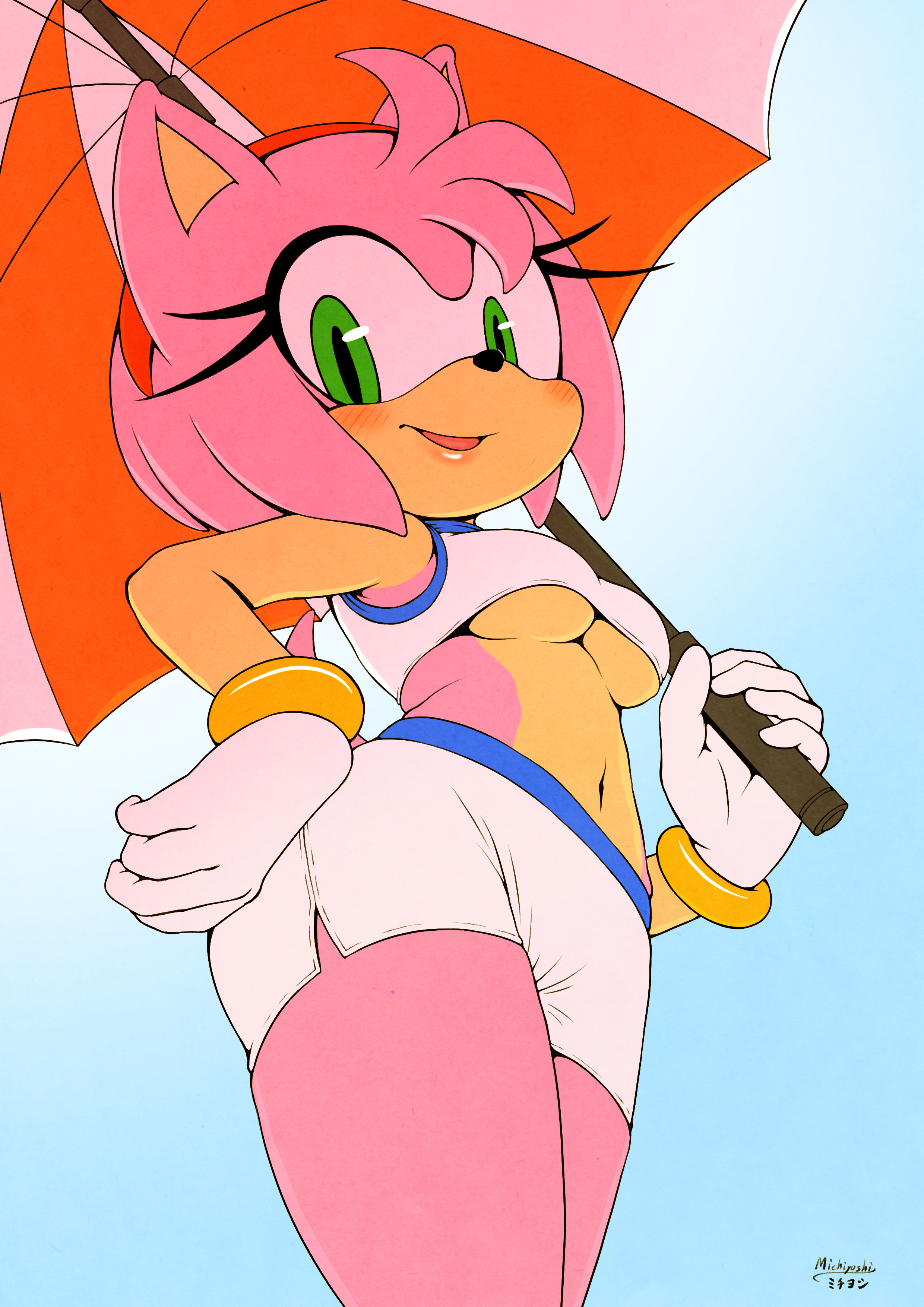 amy rose, anthro, big breasts, breasts, clothed, clothing, female, female only, fur, furry, hedgehog, michiyoshi, pink fur, sega, solo, sonic (series), sonic the hedgehog (series), underboob, worm's-eye view