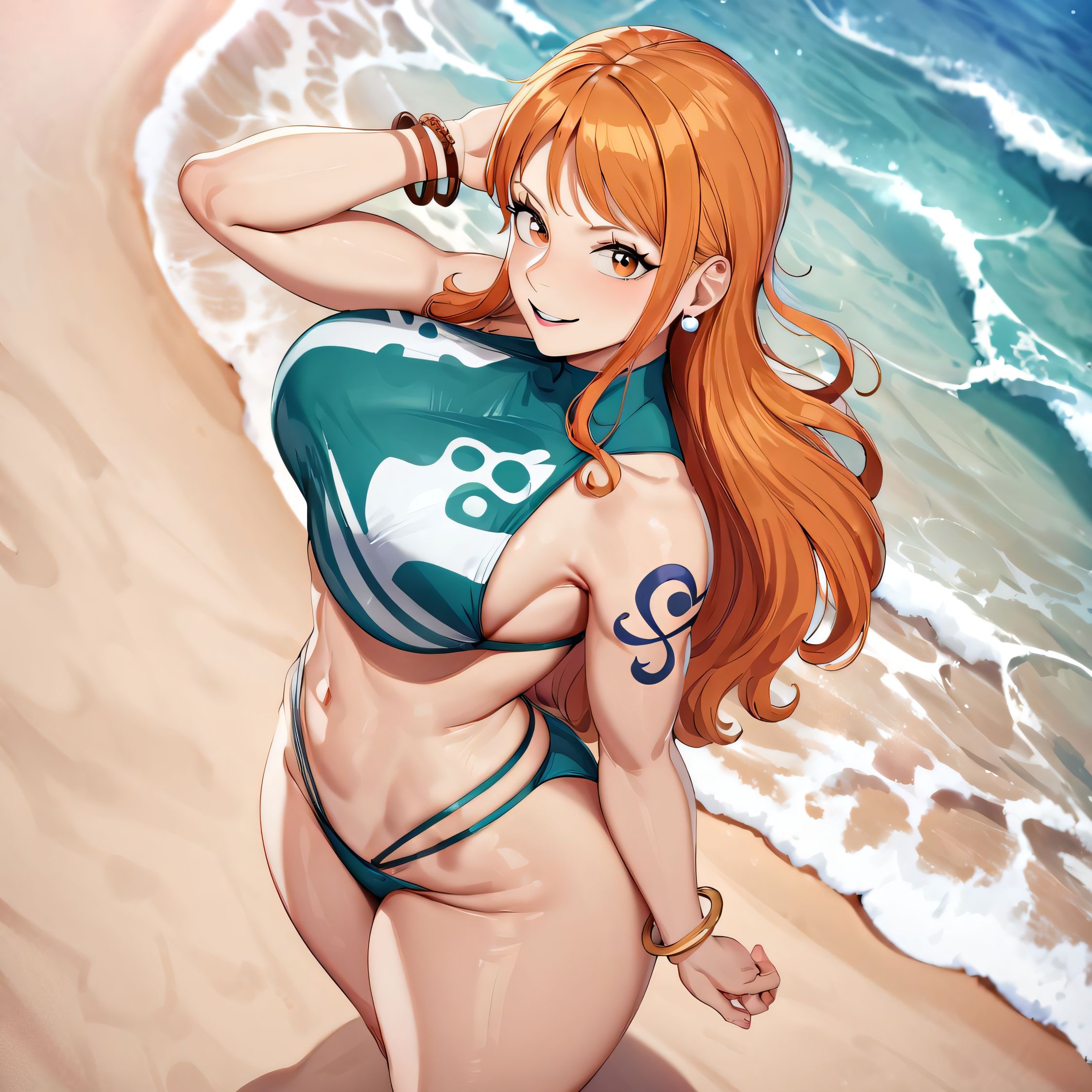 1girls, ai generated, alternate breast size, artist request, big breasts, breasts, busty, curvaceous, curvy, curvy body, curvy female, curvy figure, female, female only, huge breasts, large breasts, nami (one piece), nipples, one piece, post-timeskip, sweat, sweaty body, sweaty breasts, swimsuit, thick thighs, thighs