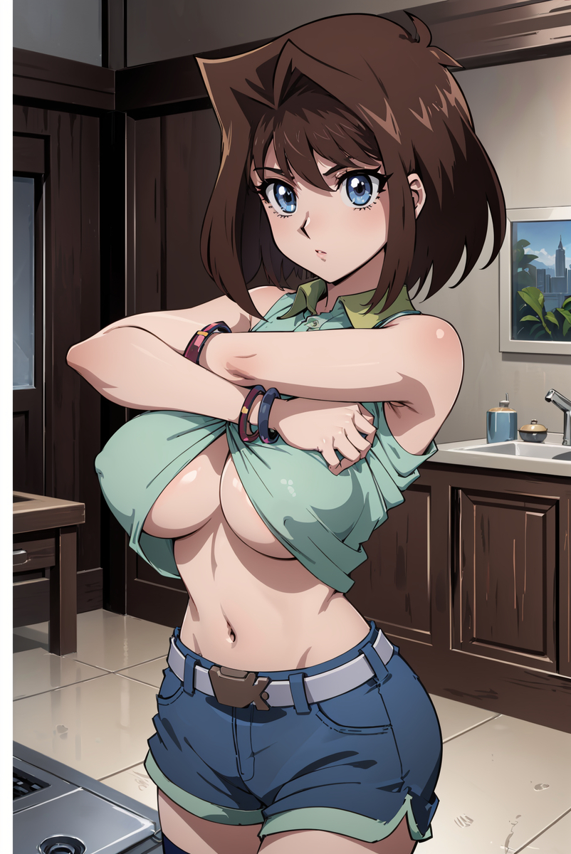 ai_generated aindroidparanoid anzu_mazaki big_ass big_breasts blue_eyes brown_eyes brown_hair covered_nipples denim_shorts huge_breasts indifferent short_hair shorts stable_diffusion tea_gardner thigh_clothes underboob undressing yu-gi-oh! yu-gi-oh!_duel_monsters