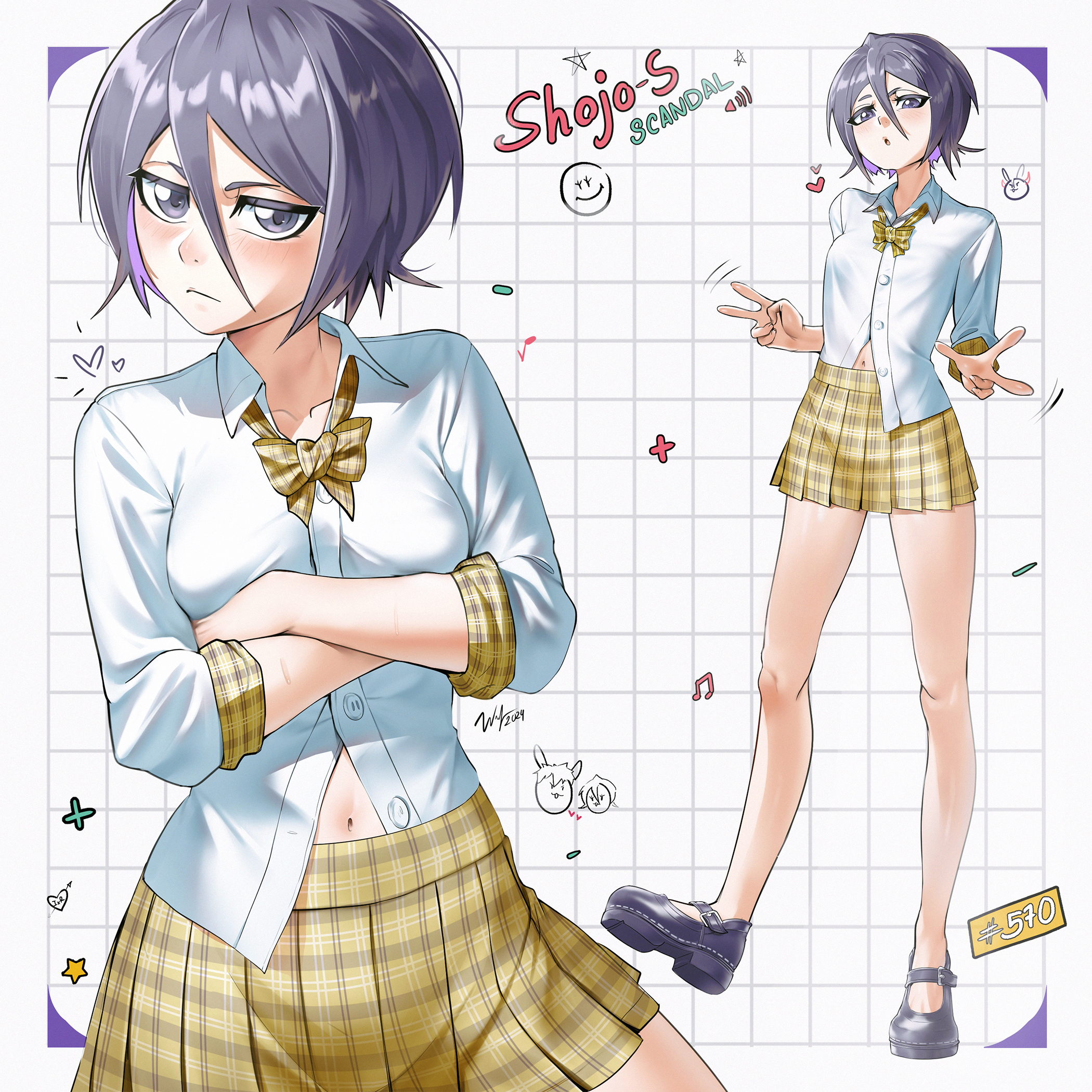 abdomen, bleach, breasts, female, female only, kuchiki rukia, navel, petite, petite body, petite female, school desk, school uniform, schoolgirl, skinny, small breasts, smaller female, socks, waligner