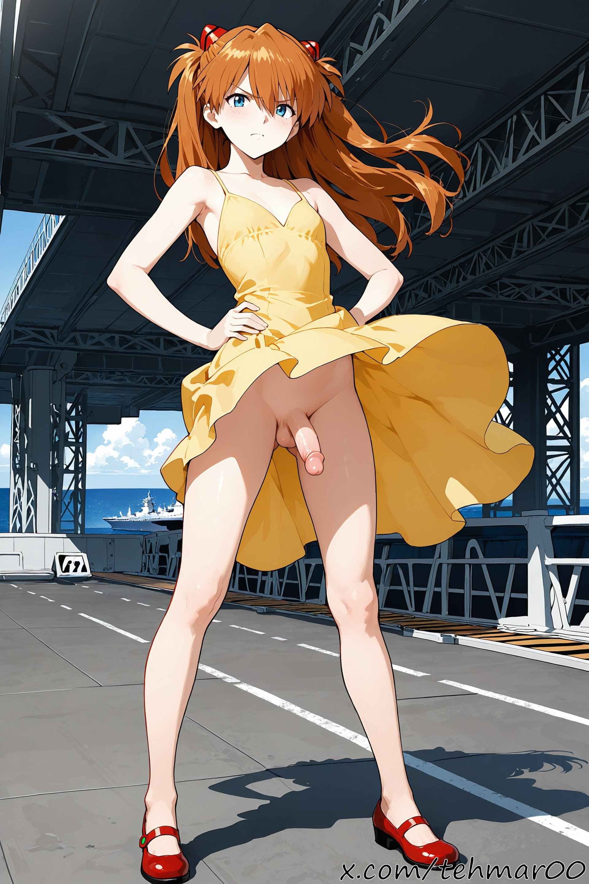 1boy, ai generated, aircraft carrier, asuka langley sohryu, balls, blue eyes, dress, femboy, flat chest, genderswap (ftm), hand on hip, long hair, looking at viewer, male, male asuka, neon genesis evangelion, no panties, penis, red hair, rule 63, solo, tagme, tehmar, trans woman, transfem, trap, twintails, wind, yellow dress