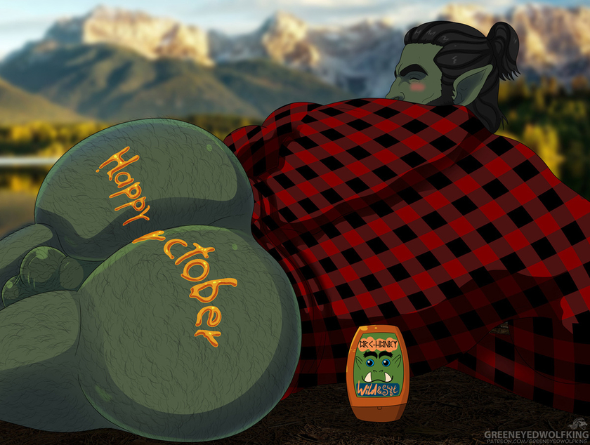 ass, backsack, balls, ballsack, bara, beard, big ass, black hair, blush, body hair, bottomless, bubble ass, bubble butt, checkered shirt, closed eyes, clothed, dark hair, depth of field, english text, facial hair, from behind, gay, green skin, greeneyedwolfking, hairy, hairy ass, hairy balls, hairy legs, half-dressed, honey, karr guldar, long hair, male, male only, monster, mountain, muscular, on side, orc, outdoors, perineum, pointy ears, ponytail, presenting hindquarters, rear view, short ponytail, solo, suggestive, thick thighs, tied hair, writing on ass, yaoi