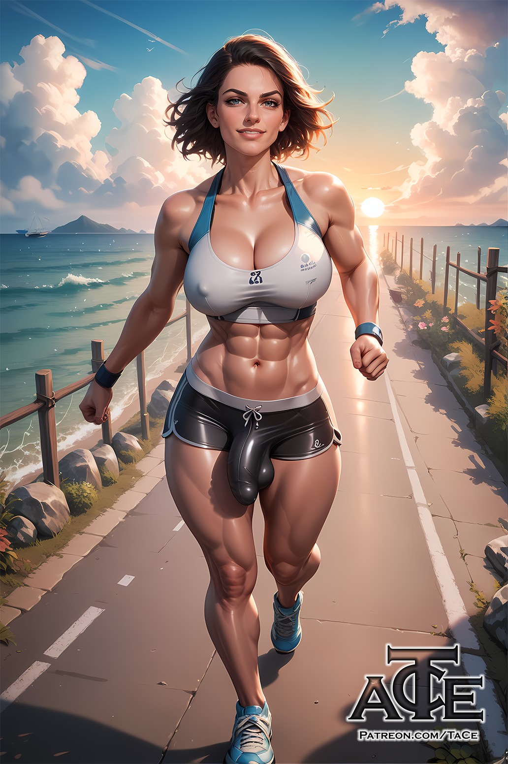 1futa abs ai_generated athletic_futanari ball_bulge balls balls_under_clothes bare_legs bare_midriff big_balls big_breasts big_penis blue_eyes breasts brown_hair bulge cleavage clothed collarbone curvy dickgirl erect_nipples erect_penis erection exercise flaccid futa_only futa_sans_pussy futanari huge_breasts huge_cock jogging light-skinned_futanari light_skin looking_at_viewer midriff muscular_futanari nipple_bulge nipples_visible_through_clothing penis penis_bulge penis_under_clothes running shoes shorts small_waist smile sneakers solo sports_bra sportswear sunset taceee testicles water_background