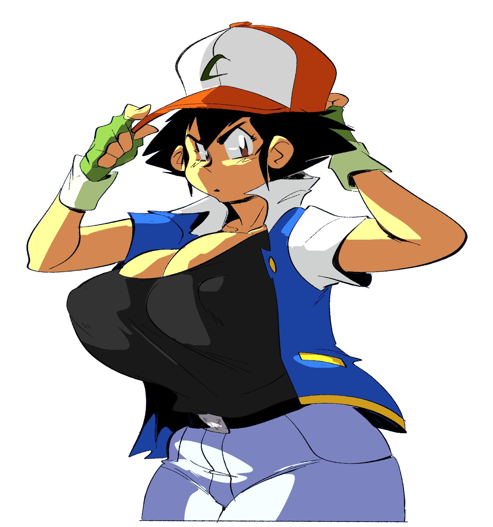 1girls, bimbo, black hair, breasts, cleavage, clothed, female, female only, gloves, hat, huge breasts, human, jeans, nintendo, pokemon, pokemon rgby, rule 63, satoshi (pokemon), slb, thick thighs, thighs, voluptuous