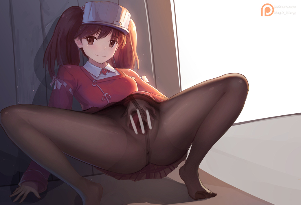 anus ass black_legwear blush brown_eyes brown_hair censored crotch_seam feet female flat_chest hand_in_pantyhose japanese_clothes kantai_collection kariginu looking_at_viewer magatama magic_xiang pantyhose pleated_skirt pussy red_shirt ryuujou_(kantai_collection) shirt skirt solo spread_pussy thighs twintails visor_cap