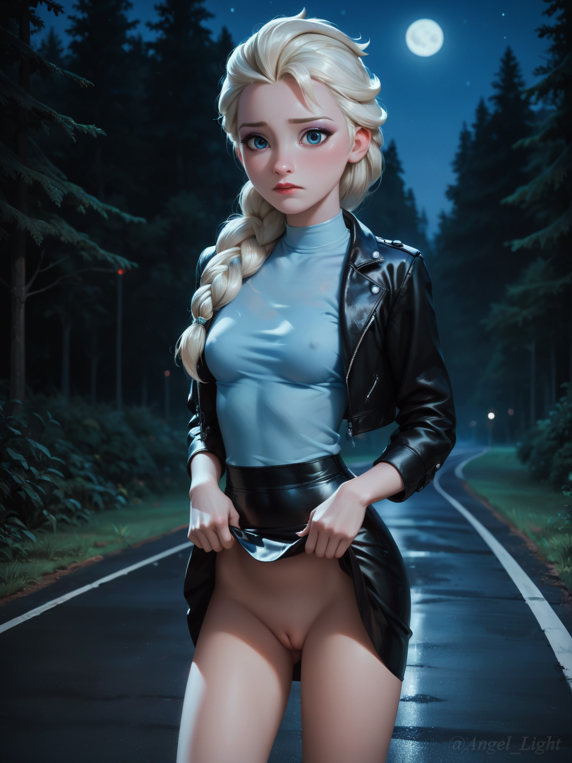 ai generated, angel light, angel light (artist), blue eyes, clothing, disney, disney princess, elsa (frozen), erect nipples, erect nipples under clothes, female, frozen (film), nipples visible through clothing, no panties, princess, pussy, skirt, skirt lift, small breasts, uncensored, white hair