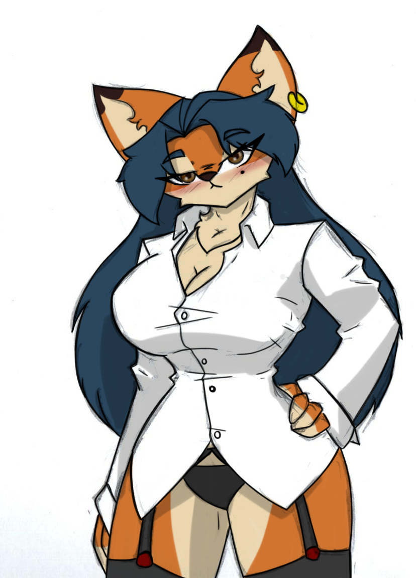 anthro big_breasts blush breasts carmelita_fox female garter_belt garter_straps pace-maker sly_cooper_(series) small_waist solo sony_corporation sony_interactive_entertainment sucker_punch_productions thick_thighs