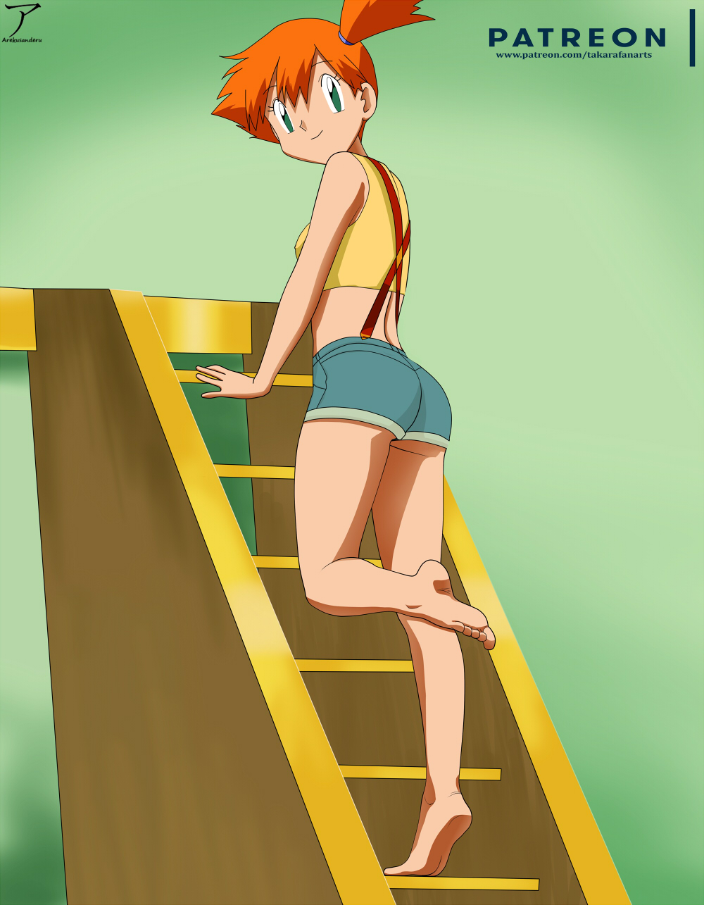 1girls arekusanderu ass clothed feet female female_only foot_fetish green_eyes human human_only kasumi_(pokemon) looks_original orange_hair pokemon pokemon_rgby shorts soles text toes url watermark