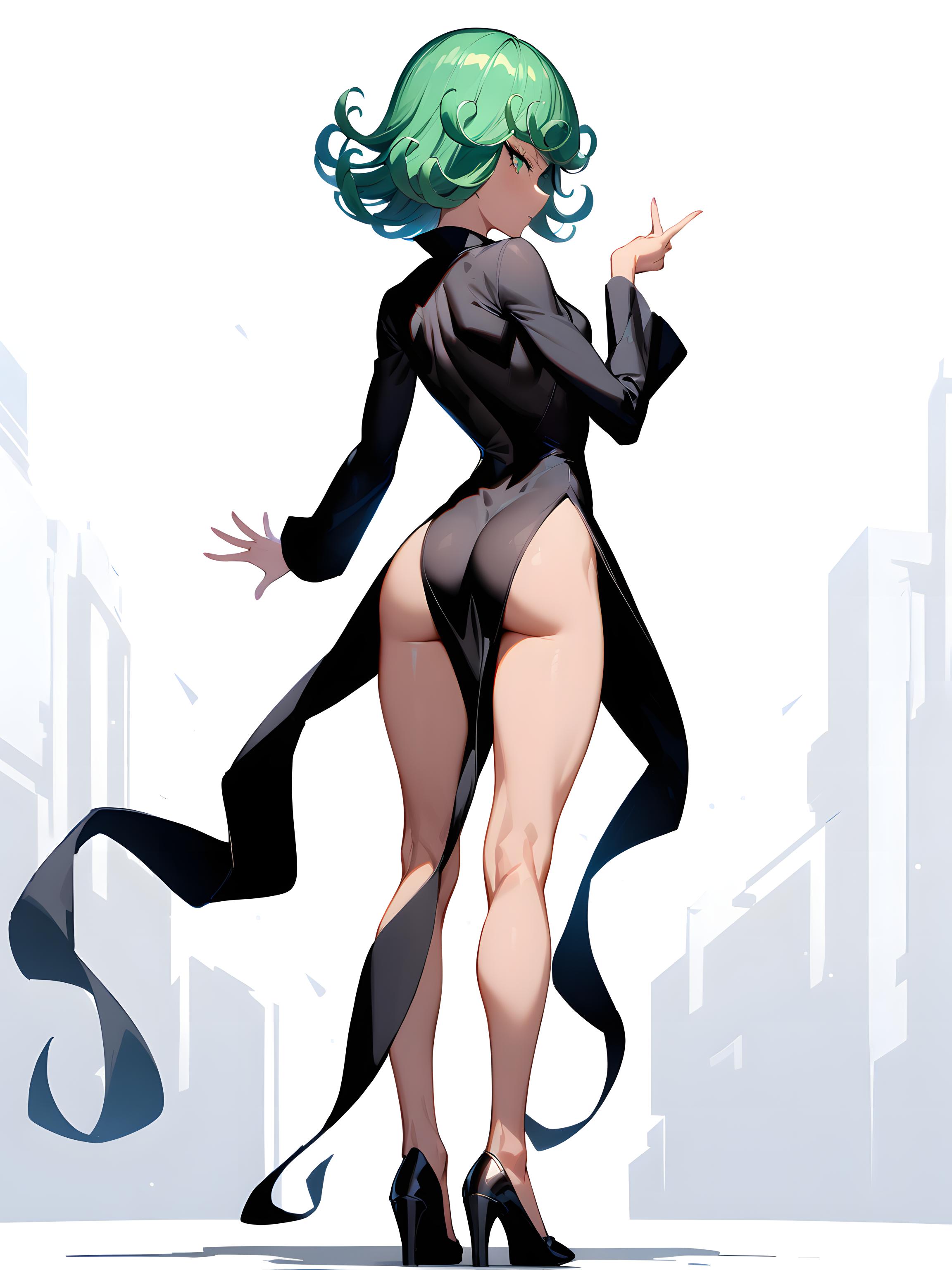 1girls, ai generated, ass, black clothing, black dress, clothed, clothing, curly hair, eyelashes, female, female focus, female only, fit, fit female, from behind, green eyes, green hair, high heel boots, high heels, legs, light skin, light-skinned female, long sleeves, looking at viewer, looking back, one-punch man, pale skin, pale-skinned female, short hair, simple background, solo, solo female, standing, tatsumaki, thighs, tight fit, white background, white skin