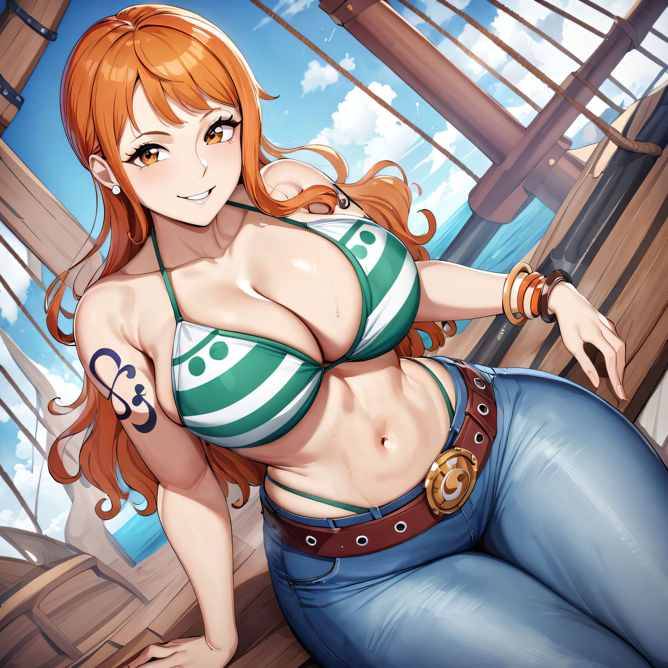 1girls, ai generated, alternate breast size, artist request, big breasts, bikini, breasts, busty, curvaceous, curvy, curvy body, curvy female, curvy figure, female, female only, huge breasts, large breasts, nami (one piece), nipples, one piece, post-timeskip, sweat, sweaty body, sweaty breasts, thick thighs, thighs, voluptuous