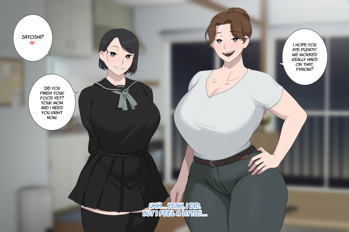 2girls, after rape, azusa (ntrman), big breasts, breasts, broken rape victim, english text, female, girlfriend, hand on hip, huge breasts, light skin, light-skinned female, looking at viewer, male, mature female, milf, mother, multiple females, multiple girls, no sex, ntrman, plump, pov, pov male, school uniform, season of loss, short hair, soraoraora, text, tsugumi (ntrman)