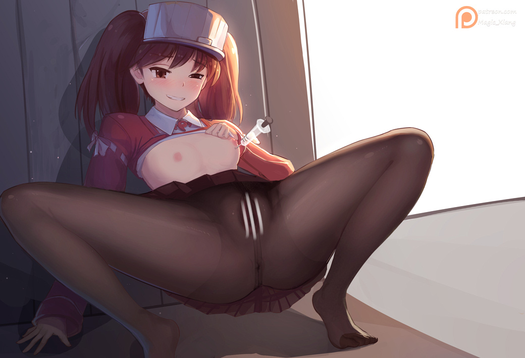 anus ass black_legwear blush breasts brown_eyes brown_hair censored crotch_seam feet female flat_chest japanese_clothes kantai_collection kariginu magatama magic_xiang nipples pantyhose pleated_skirt pussy red_shirt ryuujou_(kantai_collection) shirt shirt_lift skirt solo syringe thighs twintails visor_cap wince