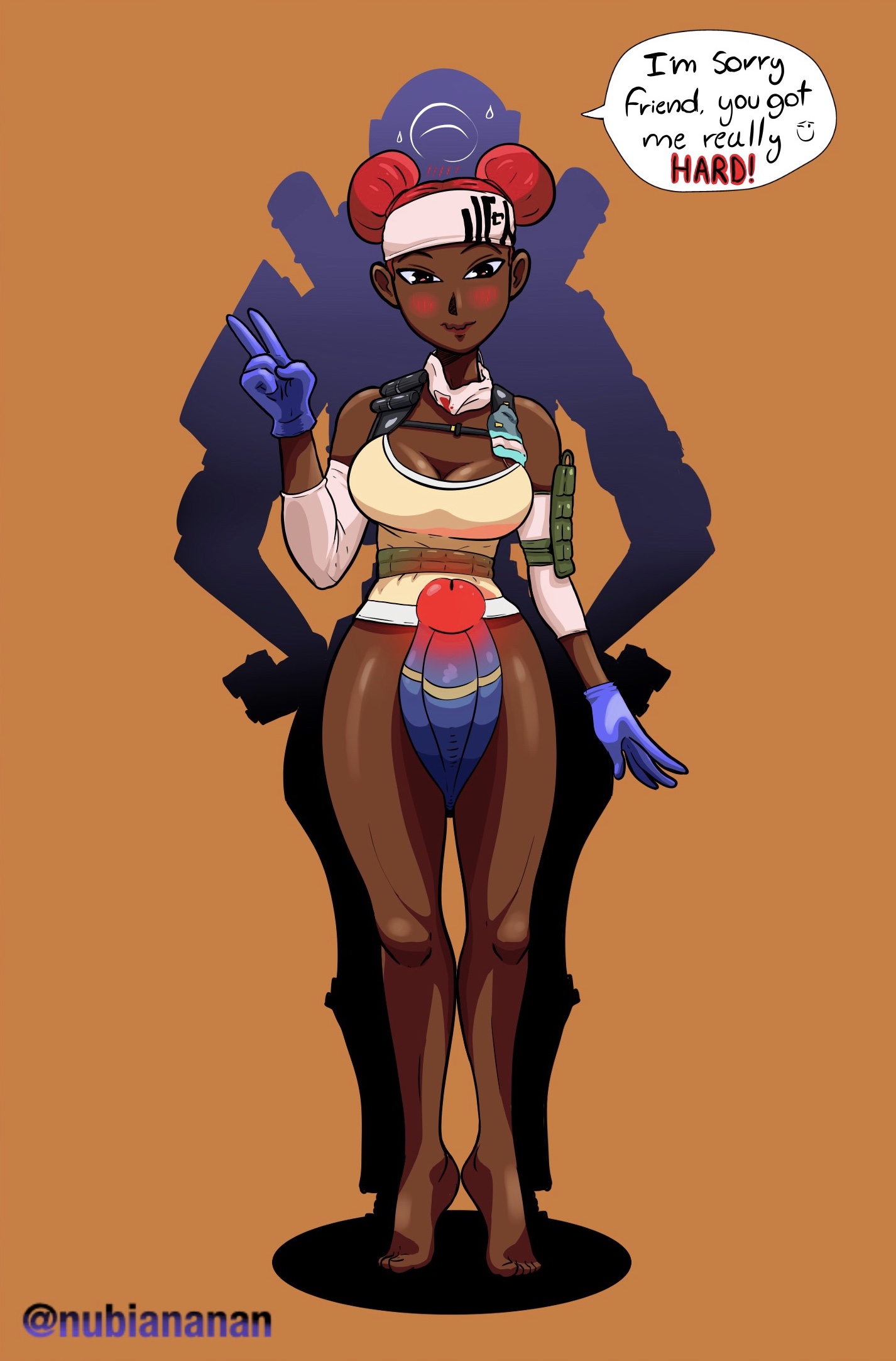 apex legends, lifeline (apex legends), nubiananan, pathfinder (apex legends), red hair, robot, text, thigh sex, thighs, throbbing