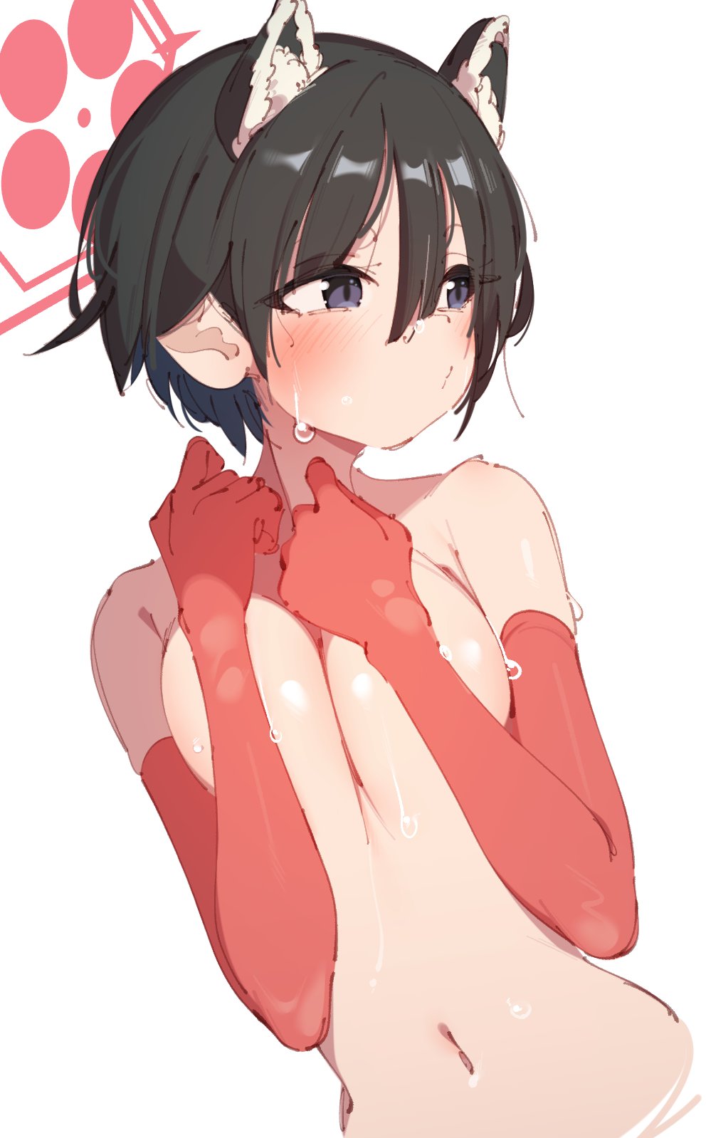 animal_ears black_eyes black_hair blue_archive blush breasts elbow_gloves extra_ears female gloves hair_between_eyes halo highres large_breasts navel rasusurasu red_gloves red_halo short_hair simple_background solo stomach sweat tsubaki_(blue_archive) upper_body white_background