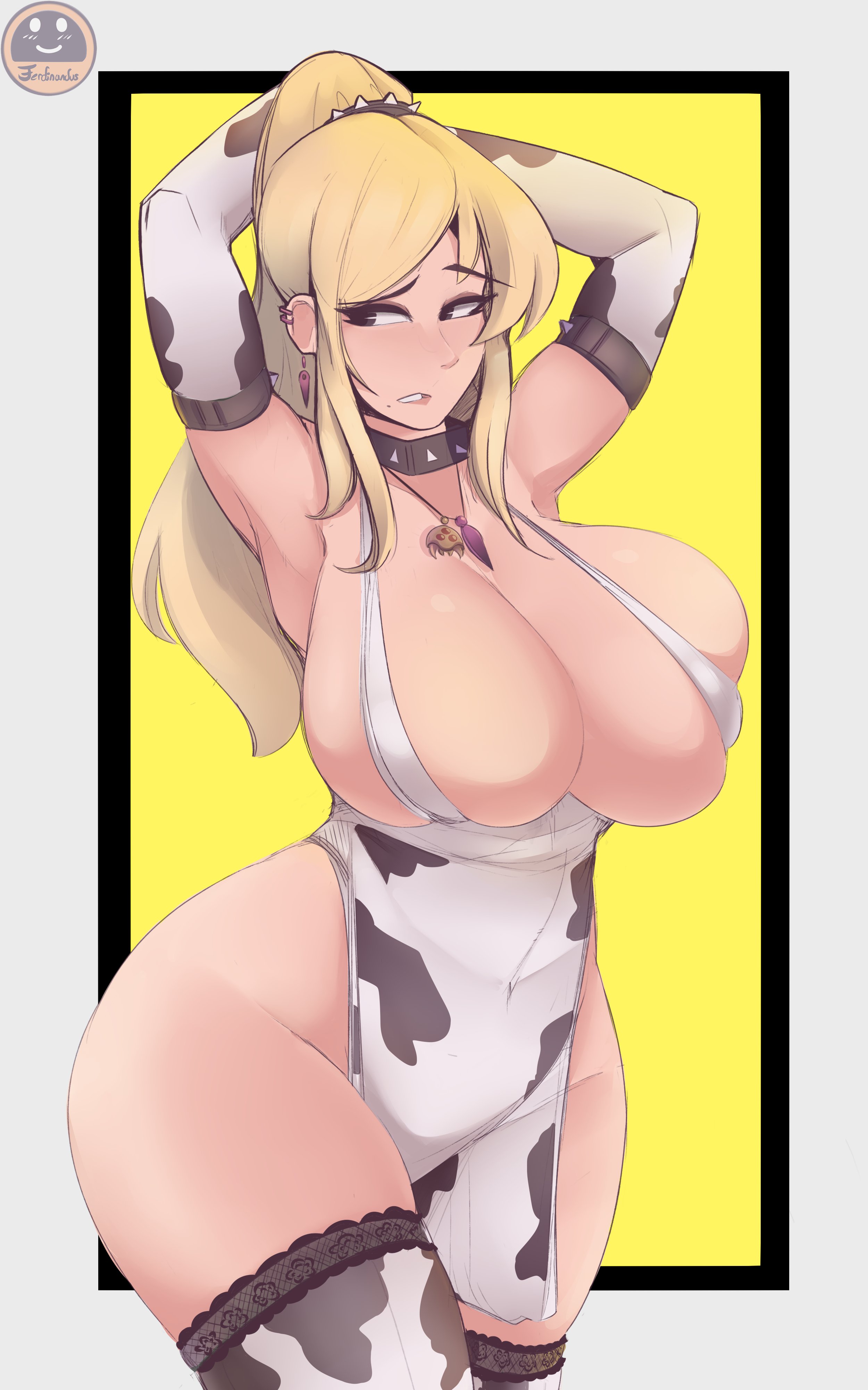 1girls, blonde hair, breasts, cow print, female, female only, ferdinandus, high resolution, large breasts, light skin, light-skinned female, metroid, samus aran, solo, thighhighs, thighs, very high resolution, wide hips