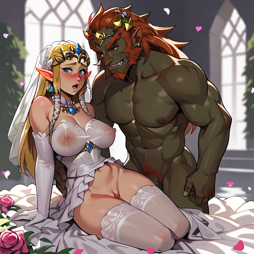 1boy 1girls ai_generated bride extnctionist ganondorf gloves implied_marriage nintendo pony_diffusion_xl princess_zelda the_legend_of_zelda wedding_attire wedding_dress wedding_veil