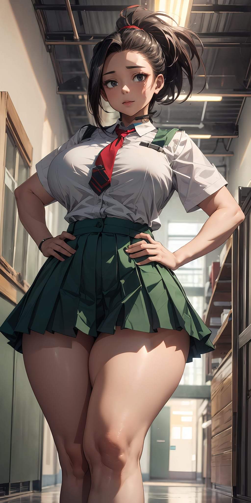 1girls, ai generated, black eyes, black hair, breasts, female, looking at viewer, momo yaoyorozu, my hero academia, school uniform, skirt