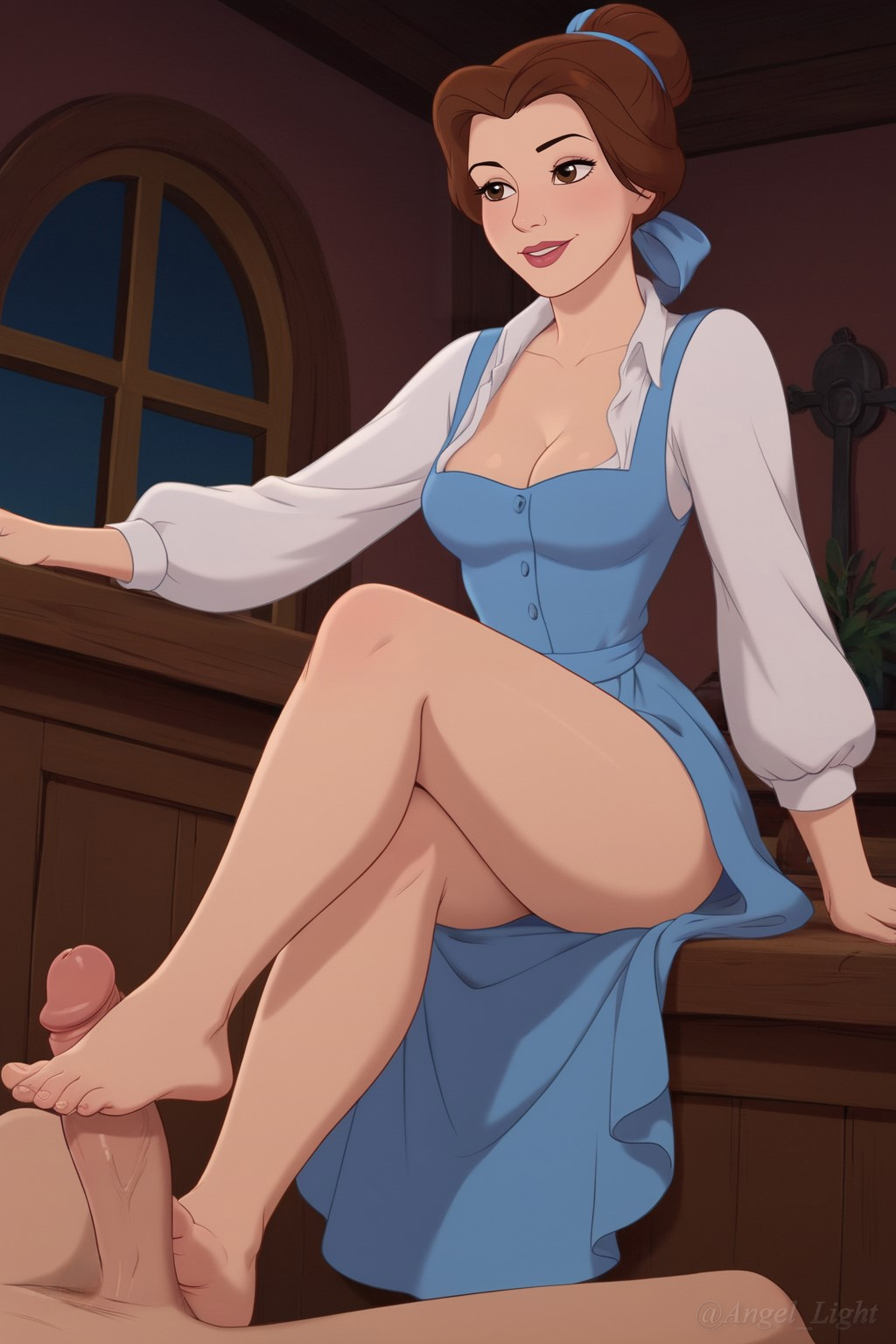 1boy, 1girls, ai generated, angel light, angel light (artist), barefoot, beauty and the beast (1991 film), belle (beauty and the beast), brown eyes, brown hair, disney, disney princess, feet, female, foot fetish, footjob, large penis, legs, male, penis, princess