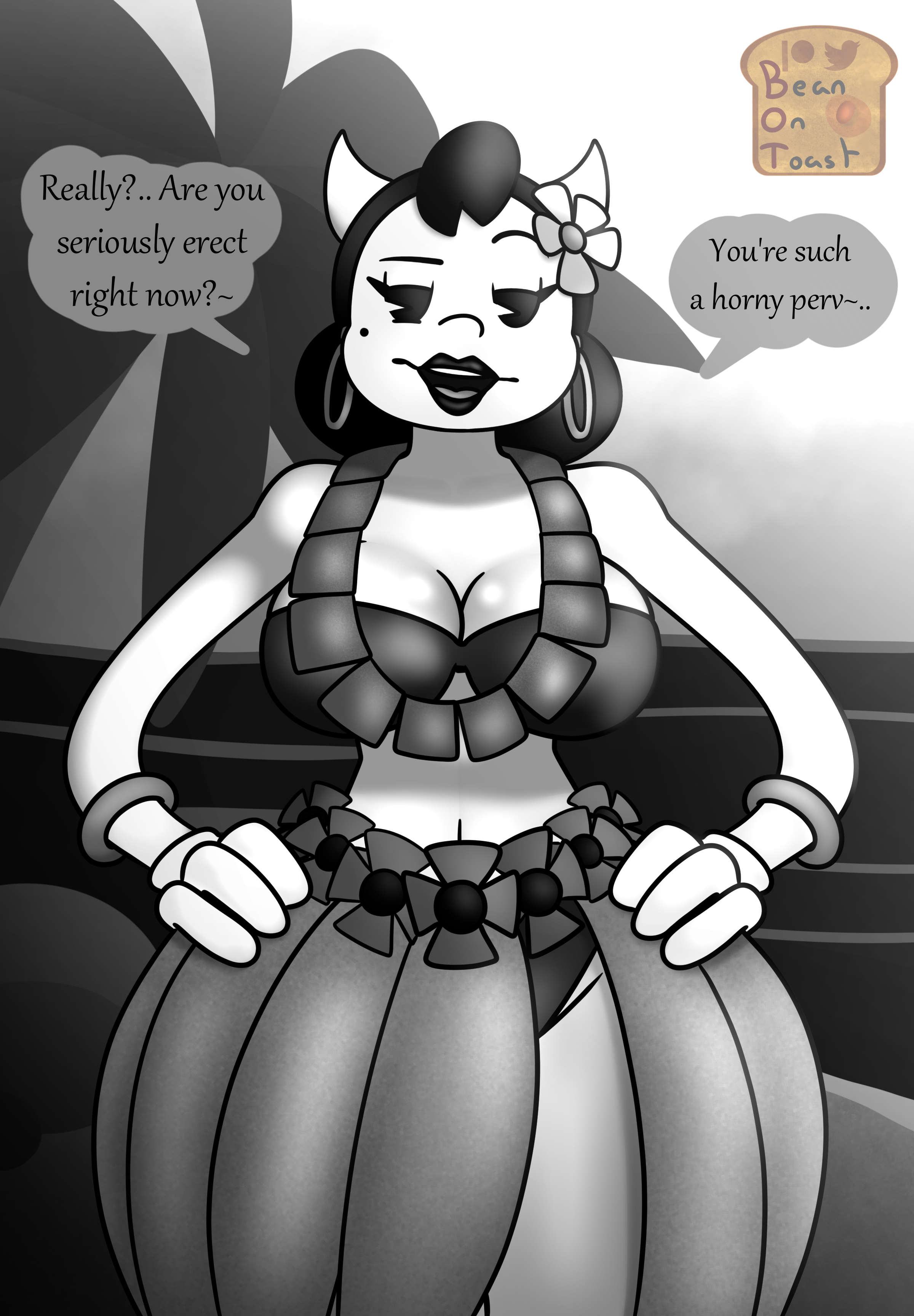 alice angel, anthro, beanontoast, bendy and the ink machine, big breasts, black hair, breasts, clothed, female, monochrome, thick thighs