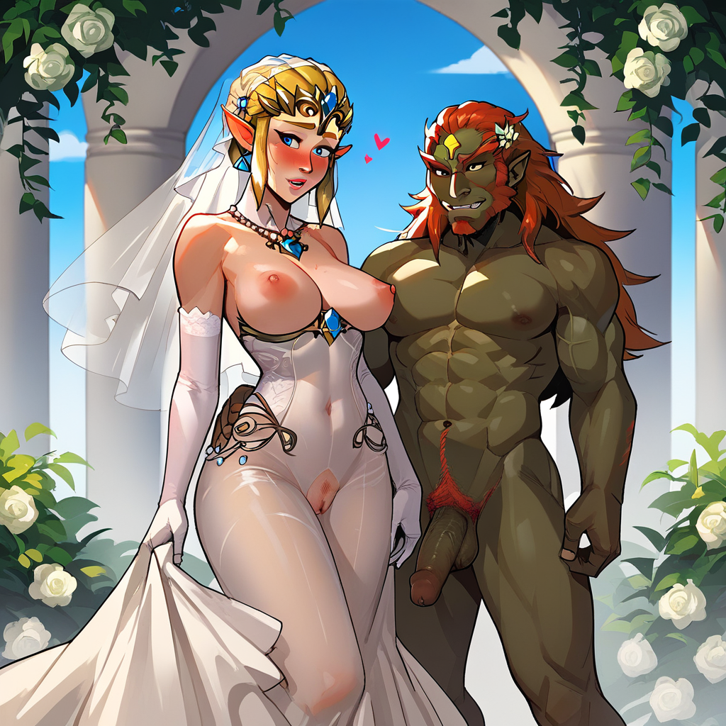 1boy 1girls ai_generated bride cutout extnctionist ganondorf gloves implied_marriage nintendo pony_diffusion_xl princess_zelda pussy_cutout the_legend_of_zelda wedding_attire wedding_dress wedding_veil