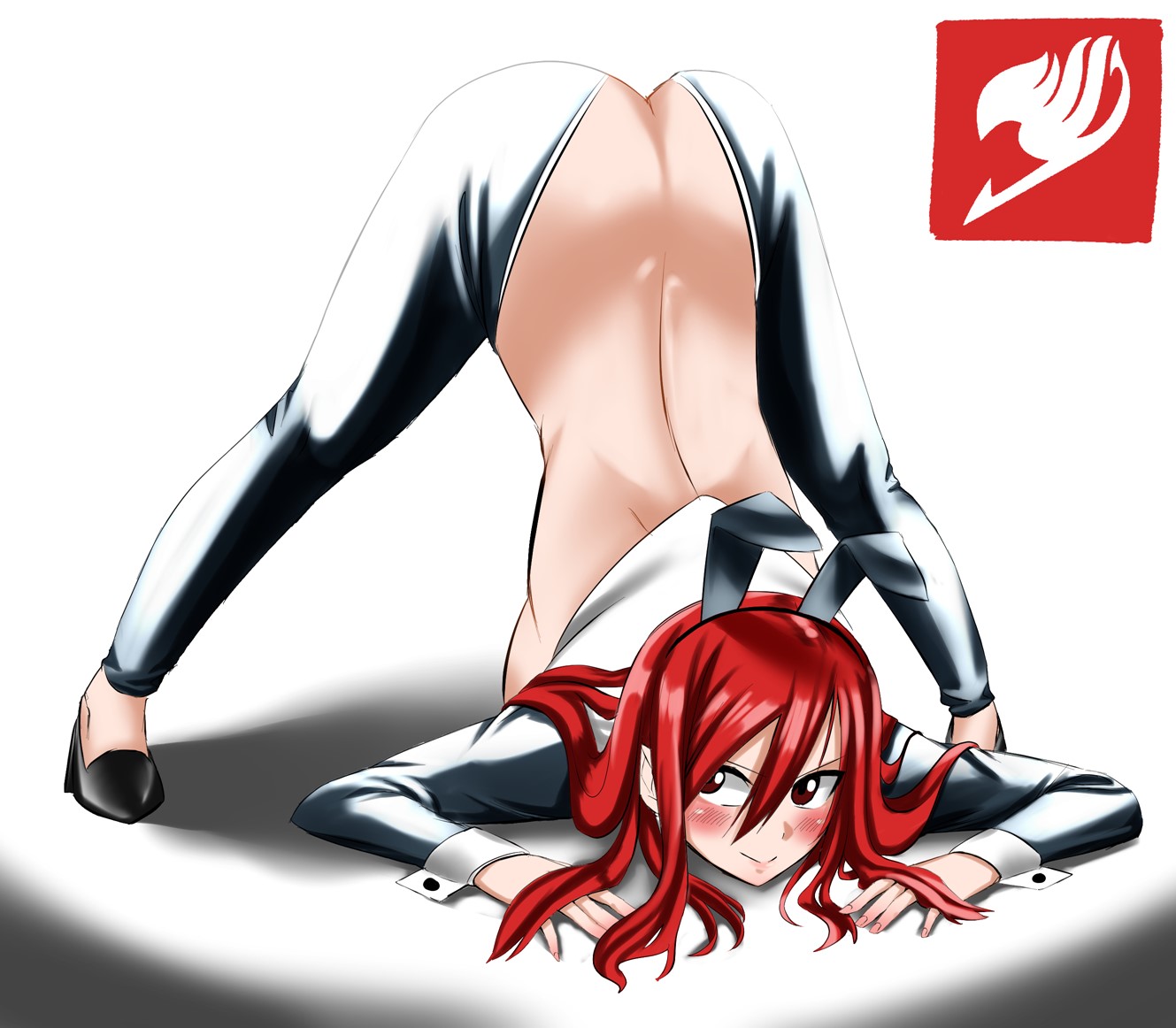 1girls, arched back, ass, ass focus, ass up, bent over, big ass, big butt, blush, breasts, brown eyes, bubble ass, bubble butt, bunny ears, bunny girl, bunnysuit, clothed, clothing, cuffs, erza scarlet, face down ass up, fairy tail, fake animal ears, feet, female, female focus, female only, footwear, hairband, headband, heels, jack-o pose, jackochallenge, large ass, light skin, light-skinned female, long hair, looking to the side, no bra, pale skin, pale-skinned female, pinup, pose, posing, red hair, red-haired female, revealing clothes, reverse bunnysuit, shintaso, shirt lift, shirt up, smile, solo, solo female, solo focus, spread legs, spreading, thighs, voluptuous