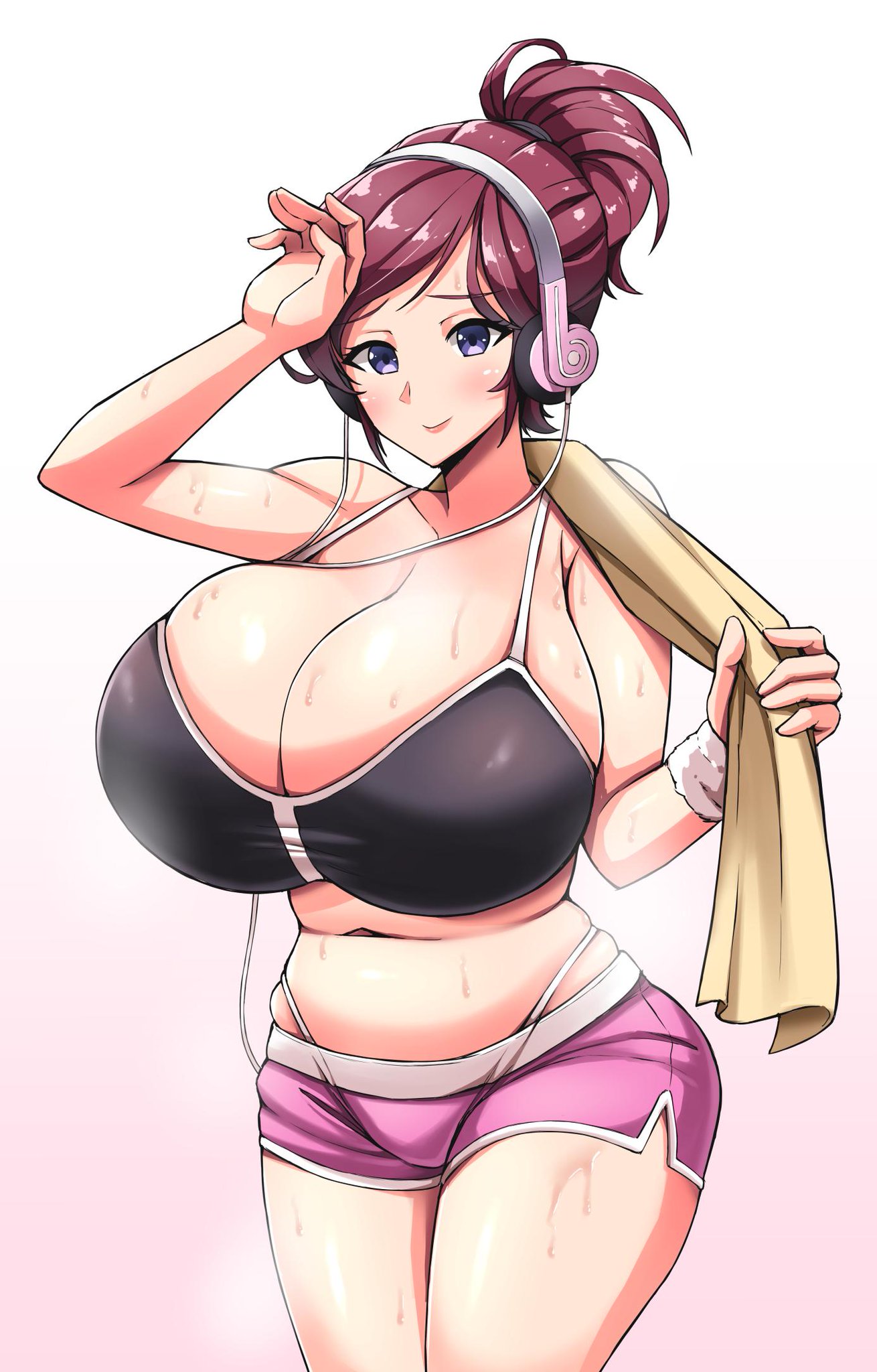 1girls, 2019, bare midriff, beryl (junkpuyo), booty shorts, breasts, brown hair, brunette, bursting breasts, chubby, cleavage, fat folds, female, female only, folded ponytail, full cleavage, fully clothed, hair up, headphones, highleg, highleg panties, highres, hyper, hyper breasts, looking at viewer, midriff, navel, original, pantylines, ponytail, purple eyes, short hair, shorts, simple background, smile, smiling, sole gem, solo, sports bra, string panties, sweat, thick thighs, thighs, towel, white background, white skin, wiping sweat, workout