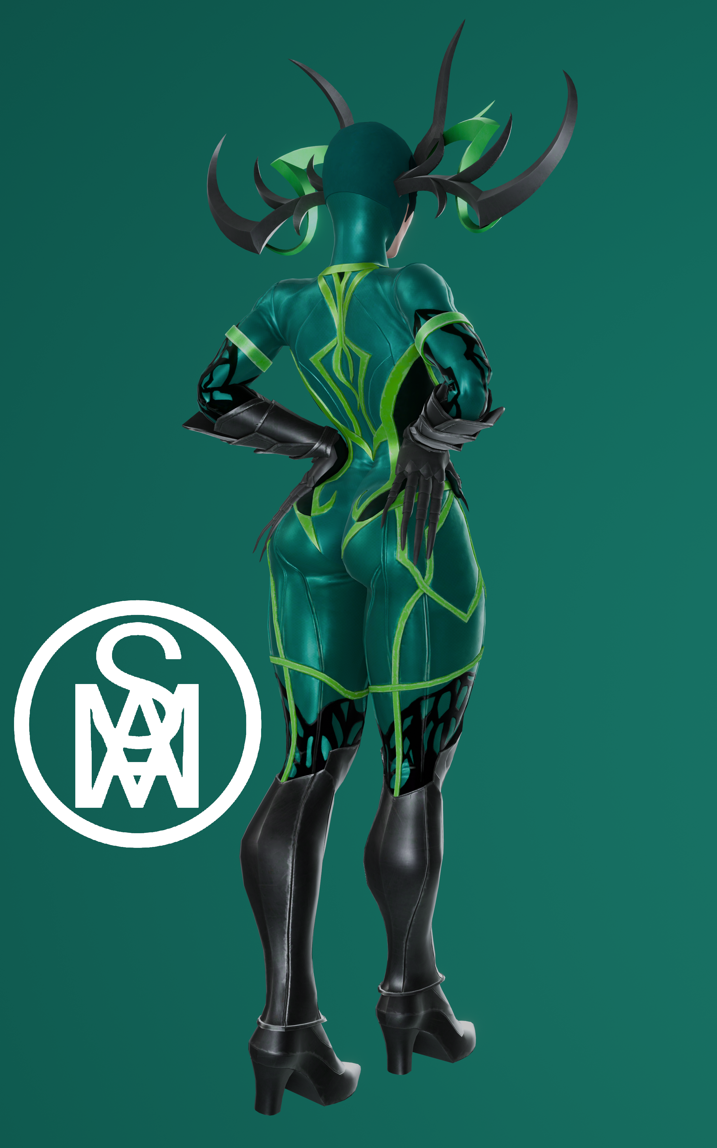 1girls, ass, ass focus, blender, bodysuit, cape, female, female only, gloves, glowing eyes, hela, horns, human, human only, light skin, light-skinned female, marvel, marvel comics, middlemansfm, skin tight, skin tight outfit, skin tight suit, solo, suit, thor (series), walking, white eyes