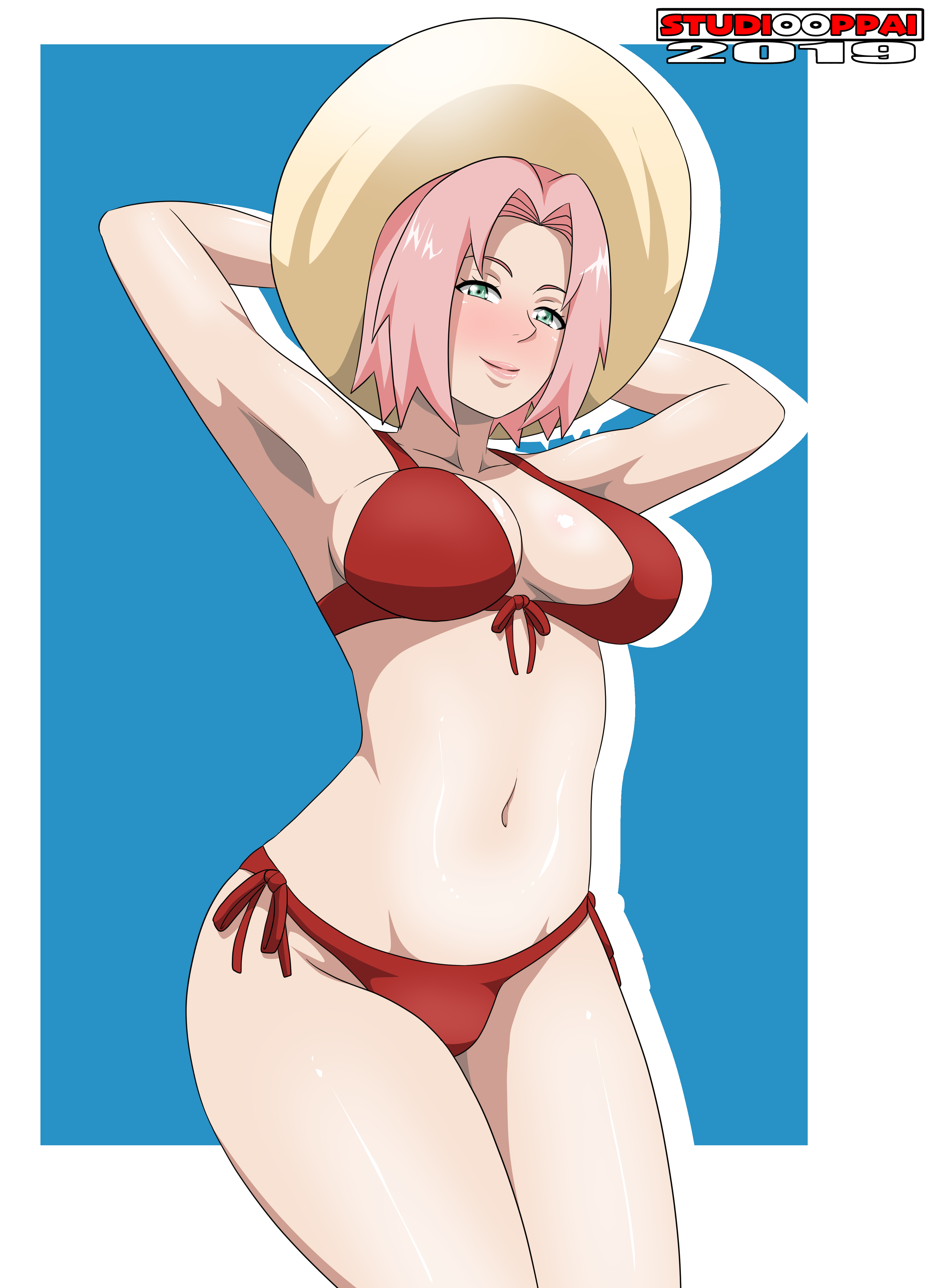 1girls, abs, armpits, arms above head, bikini, bikini bottom, bikini top, blush, breasts, busty, cleavage, female, female only, green eyes, legs, naruto, naruto (series), naruto shippuden, pink hair, pose, posing, red bikini, red panties, red swimsuit, sakura haruno, sideboob, solo, solo focus, studio oppai, swimsuit, thighs