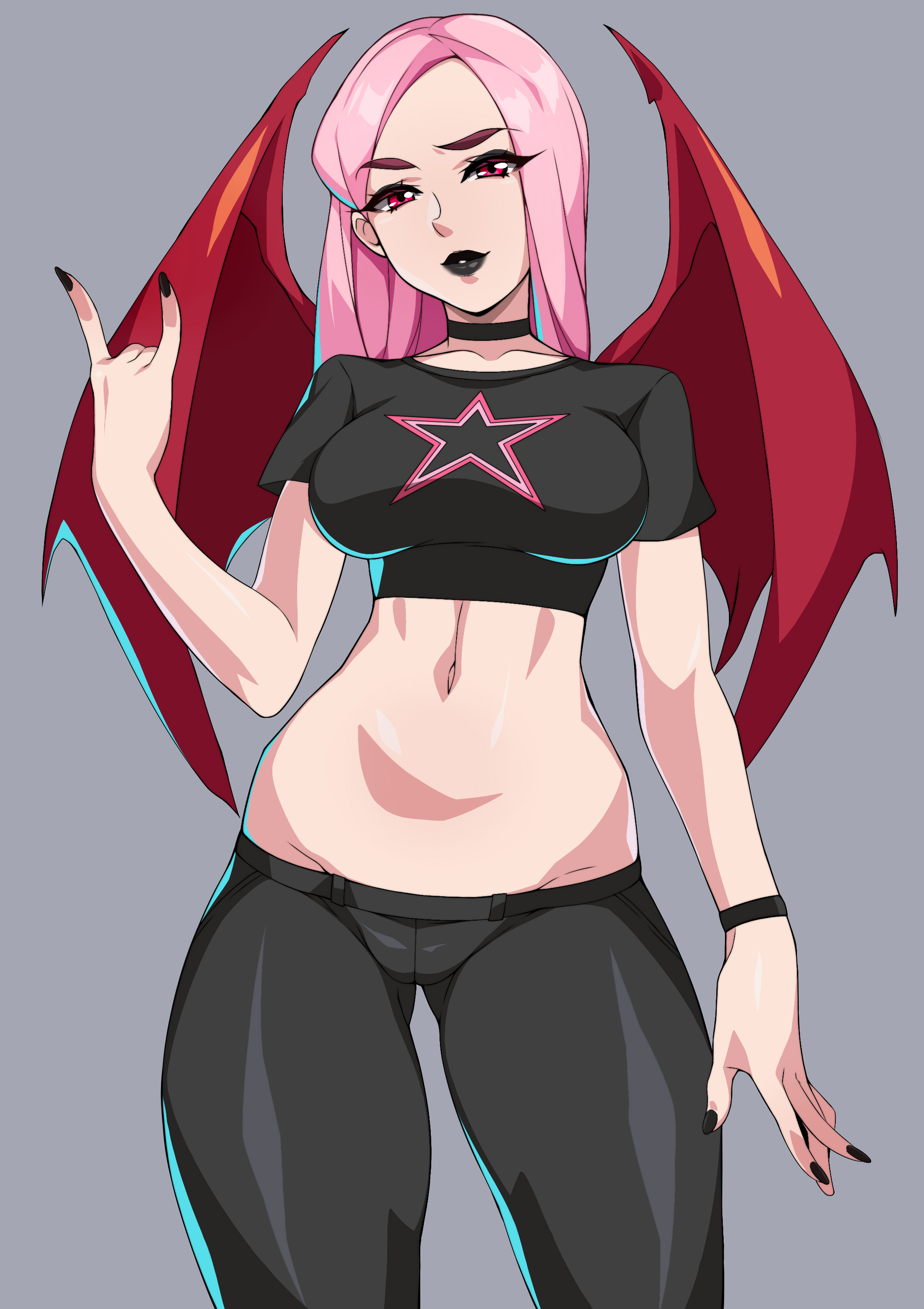 2d, black fingernails, chocker, cowboy shot, devil horns, devil wings, fortnite, haze (fortnite), iogrunt, lipstick, long hair, midriff, pink hair, red eyes