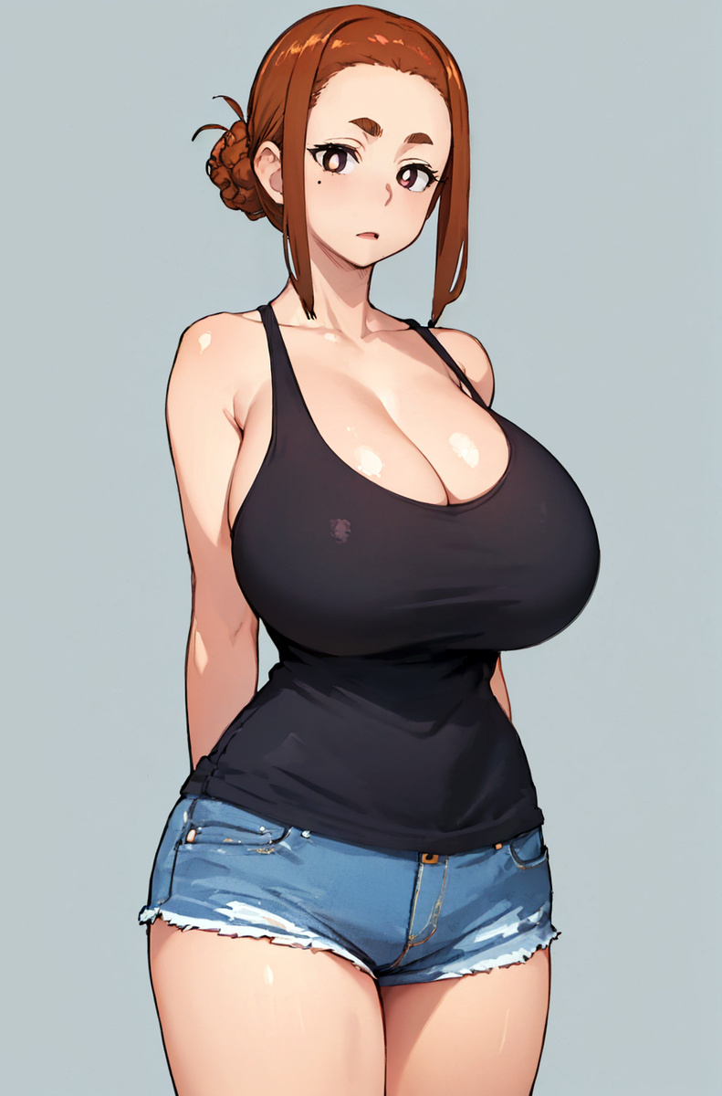 ai generated, breasts, brunette hair, female, gigantic breasts, gilaruvia, hair bun, huge breasts, jean shorts, kaii to otome to kamikakushi, light skin, light-skinned female, looking at viewer, massive breasts, mature female, ogawa sumireko, purple eyes, tank top, thick thighs, thighs, voluptuous, voluptuous female