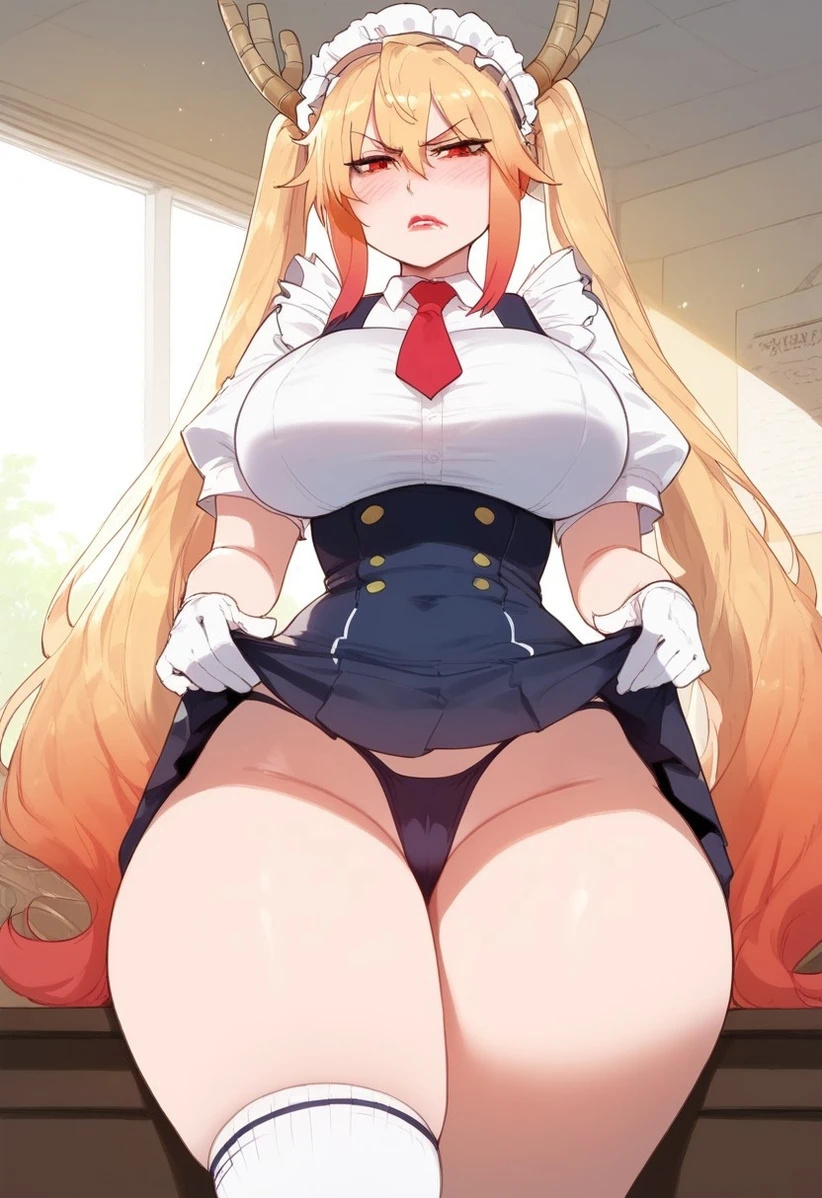 ai_generated athletic_female bare_legs big_breasts blonde_hair blush disgusted_expression dragon_girl dragon_horns horn horns huge_breasts huge_thighs kobayashi-san_chi_no_maidragon light-skinned_female light_skin livefrog massive_breasts multicolored_hair orange_eyes panties pantyhose short_dress skirt_lift solo_female squatting sweat sweatdrop thick_thighs thighs thighs_bigger_than_head tohru_(dragon_maid) twintails upskirt voluptuous voluptuous_female