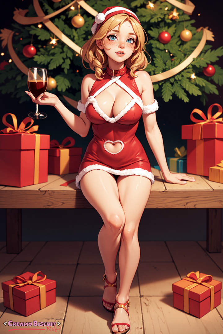 ai_generated alcohol bare_shoulders blonde_hair blue_eyes blush box breasts christmas christmas_outfit christmas_tree cleavage cleavage_cutout clothing_cutout creamybiscuit cup dress drinking_glass feet female freckles gift gift_box hat holding large_breasts looking_at_viewer mole mole_under_eye navel navel_cutout parted_lips red_dress sandals santa_hat short_dress sitting solo toes