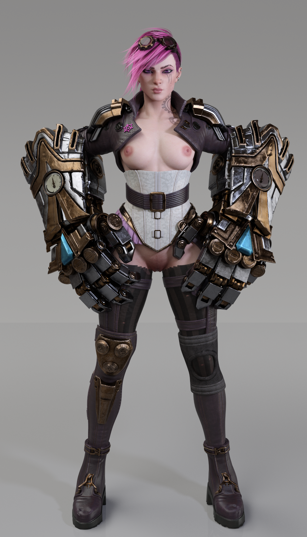 1girls 3d 3d_(artwork) areolae boots breasts daz3d daz_studio female league_of_legends masculine_female nipples pin3d pink_hair punk_hair pussy small_breasts solo tagme tomboy vi