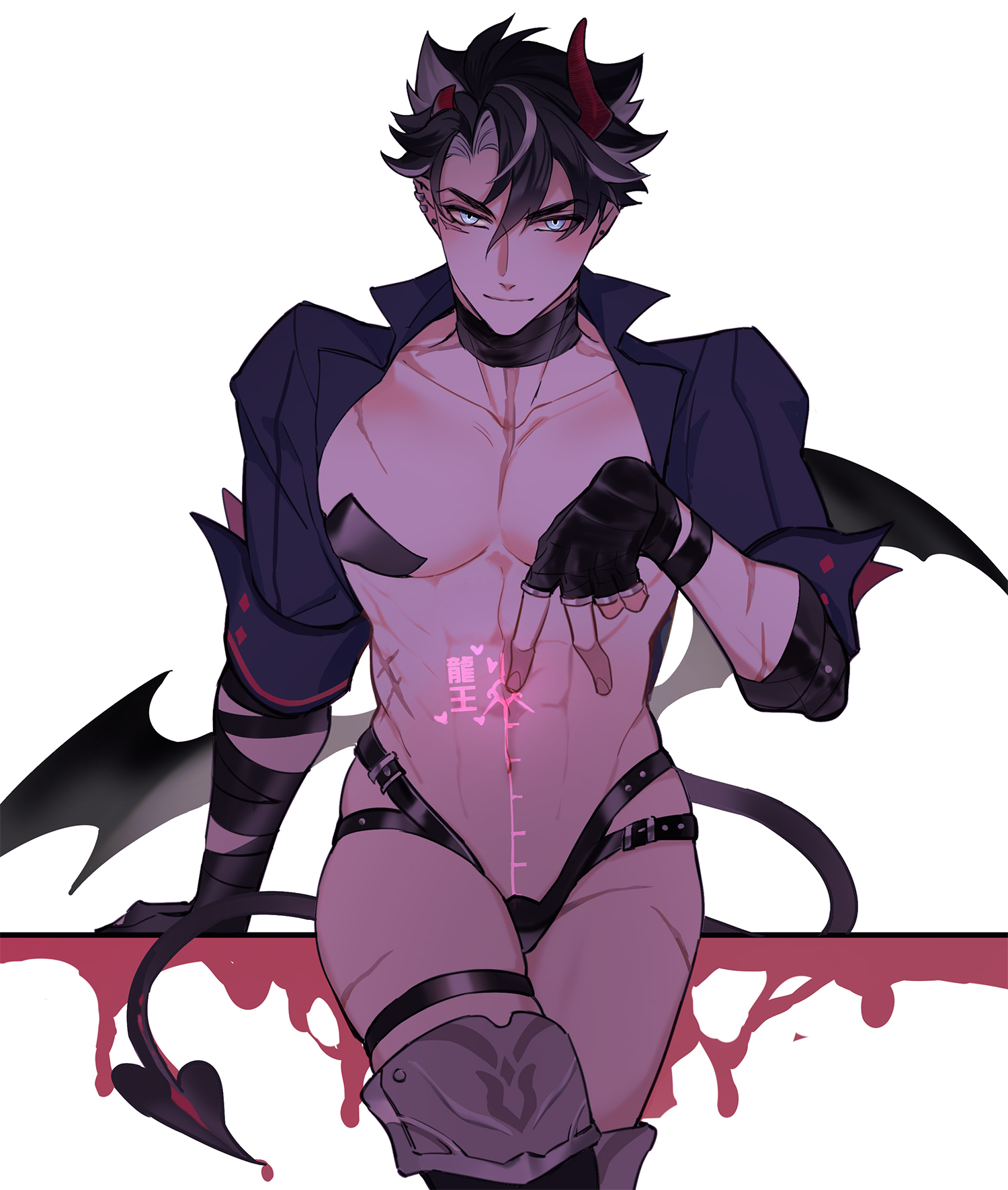 1boy, almost naked, covered nipples, demon, fingerless gloves, genshin impact, horn, incubus, looking at viewer, male, male only, measuring penetration depth, solo, solo male, tagme, tail, wriothesley (genshin impact), yaoi, zho905511913161