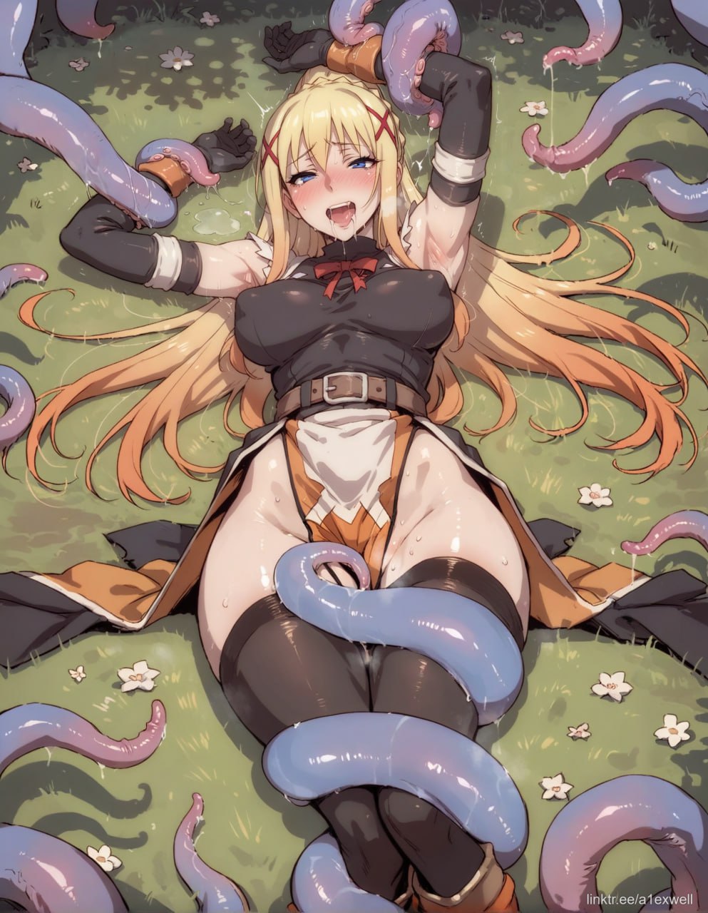 1girls a1exwell ai_generated black_thighhighs blush darkness_(konosuba) drooling imminent_tentacle_rape in_heat kono_subarashii_sekai_ni_shukufuku_wo! naughty_face nipple_bulge stable_diffusion sweat tentacle tentacles_around_arms tentacles_around_legs tentacles_around_wrists thighhighs