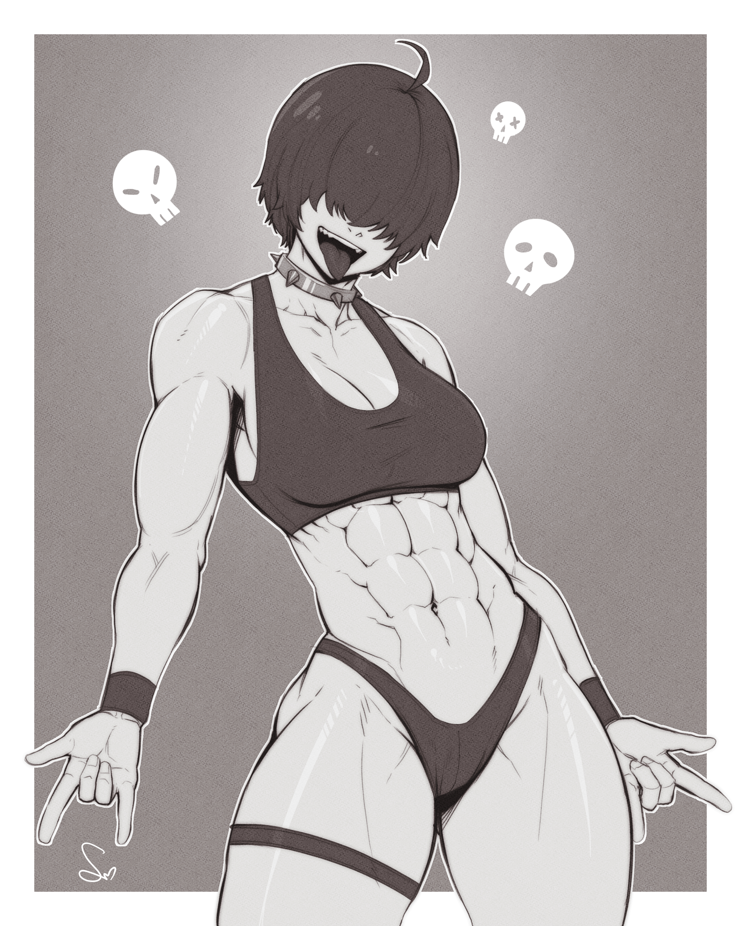 1girls, abs, bare arms, bare legs, bare shoulders, bare thighs, big breasts, black hair, breasts, clothed, clothing, collar, color, covered eyes, female, female focus, female only, fit, fit female, hi res, large breasts, light skin, light-skinned female, looking at viewer, muscles, muscular, muscular arms, muscular female, muscular legs, muscular thighs, open mouth, original, original character, pose, posing, short hair, solo, solo female, speedl00ver, sports bra, tagme, thick thighs, tongue, tongue out