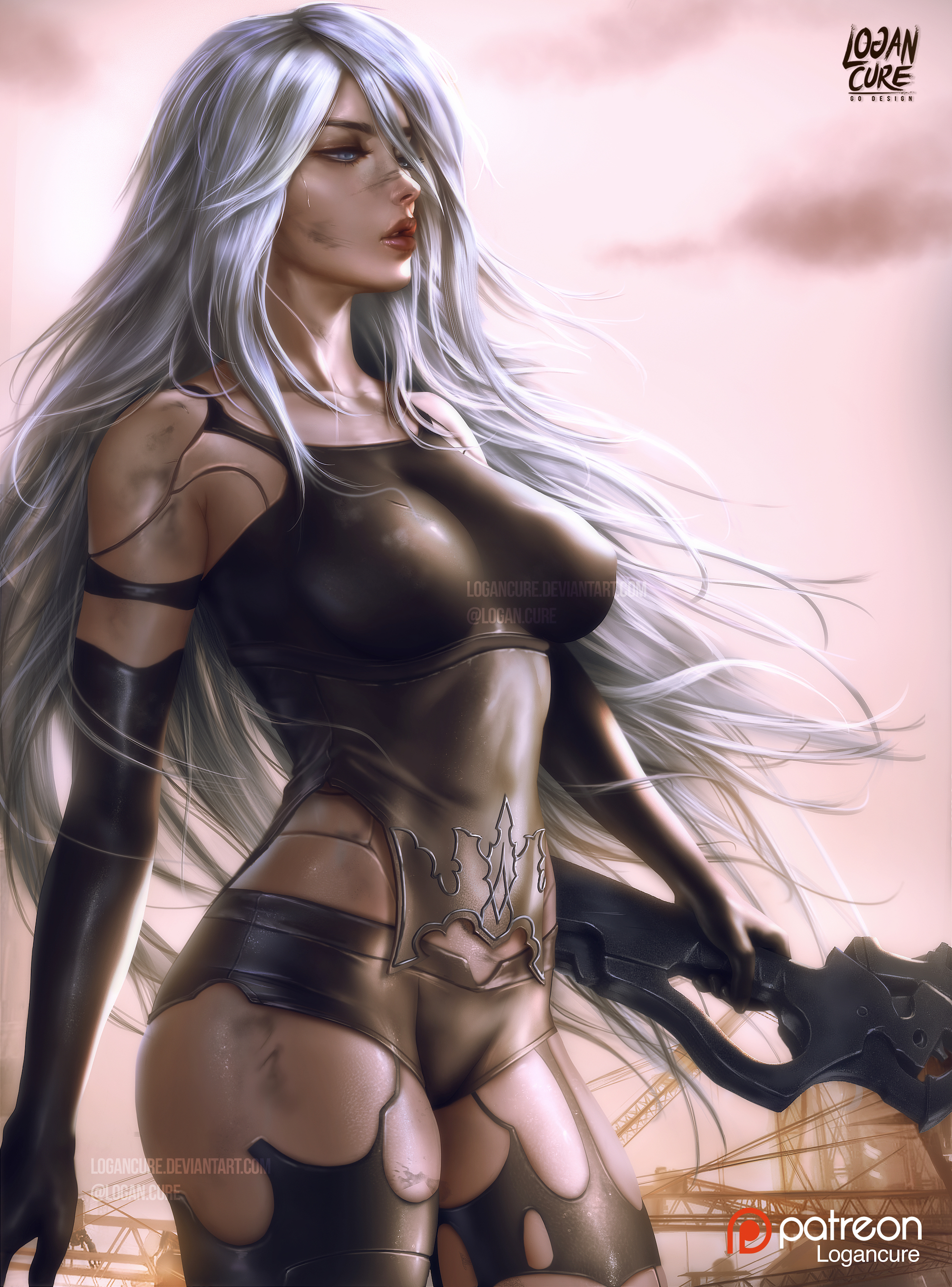 1girls, artist name, blue eyes, female, female only, grey hair, lips, logan cure, nier: automata, patreon logo, solo, tagme, torn clothes, yorha a2
