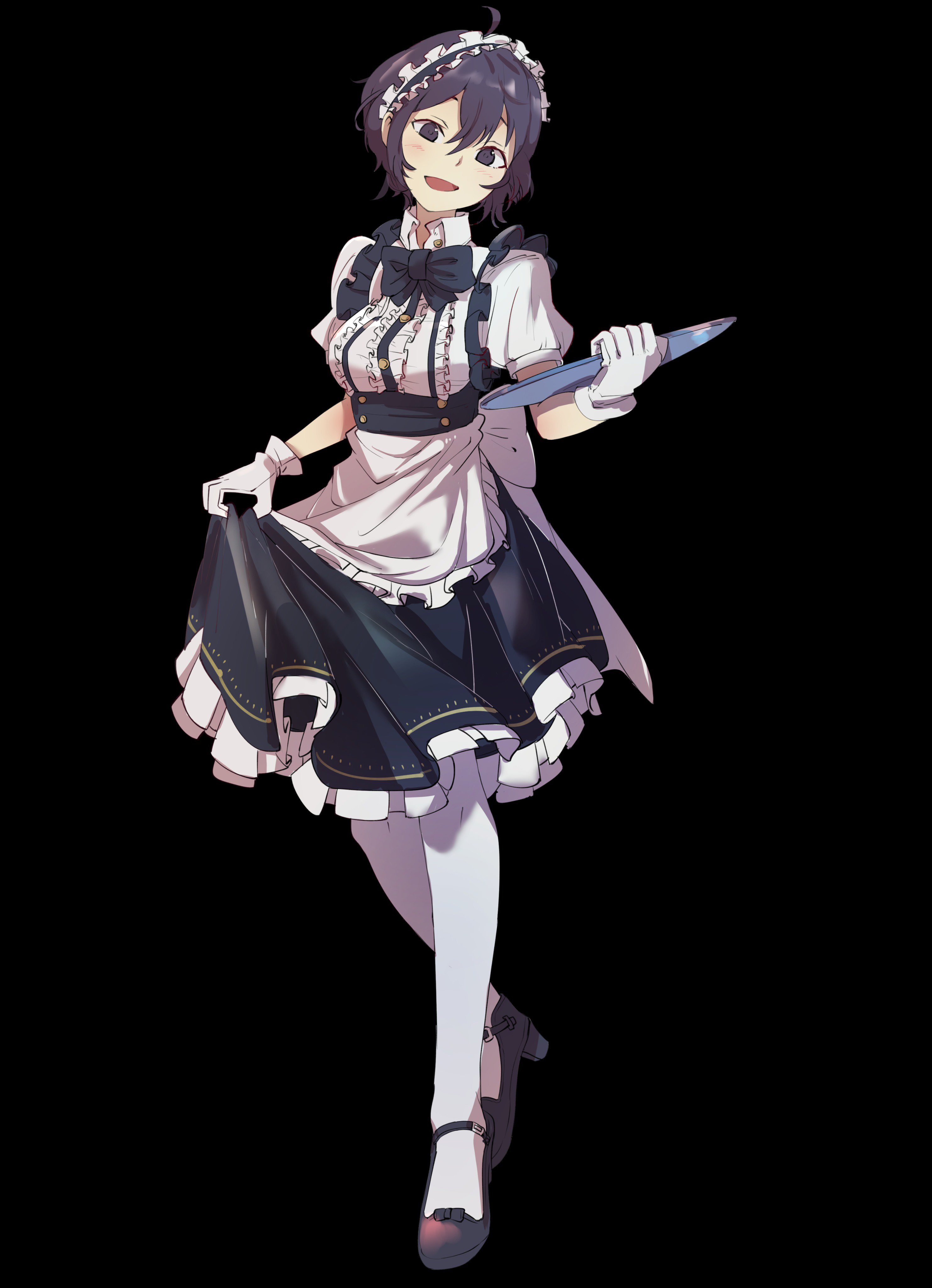 alternative costume, apron, black background, black bow, black eyes, black hair, bow, ebinku, female, fire emblem, fire emblem awakening, gloves, high resolution, holding, holding object, holding tray, maid, maid apron, maid headdress, morgan (fire emblem), morgan (fire emblem) (female), open mouth, pantyhose, short hair, simple background, solo, tray, very high resolution, white gloves, white legwear