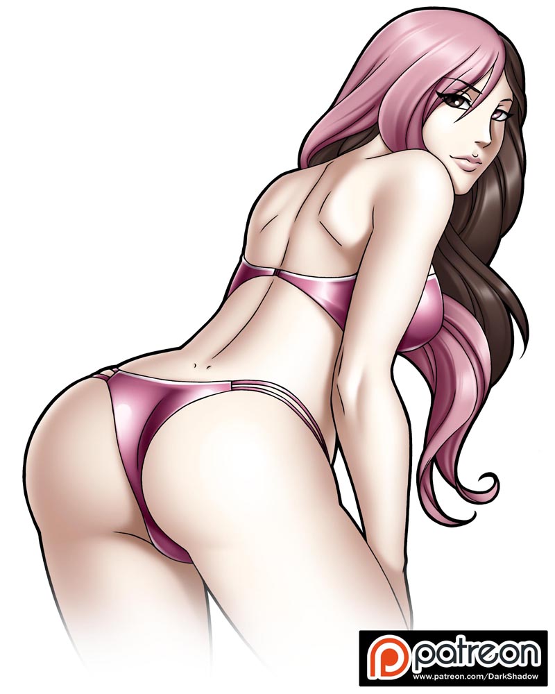 alternate_costume ass back bare_arms bare_back bare_legs bikini breasts brown_eyes brown_hair closed_mouth eyebrows_visible_through_hair eyes_visible_through_hair female female_only heterochromia leaning leaning_forward legs lips long_hair looking_at_viewer looking_back medium_breasts midriff multicolored_hair neo_(rwby) pink_bikini pink_eyes pink_hair pink_swimsuit rwby simple_background smile solo strapless strapless_bikini strapless_swimsuit swimsuit thedarkness two_tone_hair white_background