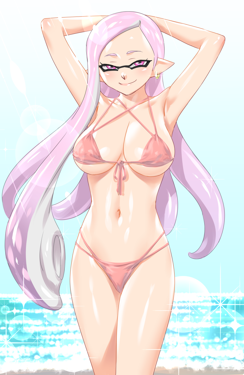 1girls bikini breasts female female_only inkling looking_at_viewer nintendo solo_focus splatoon taka-michi