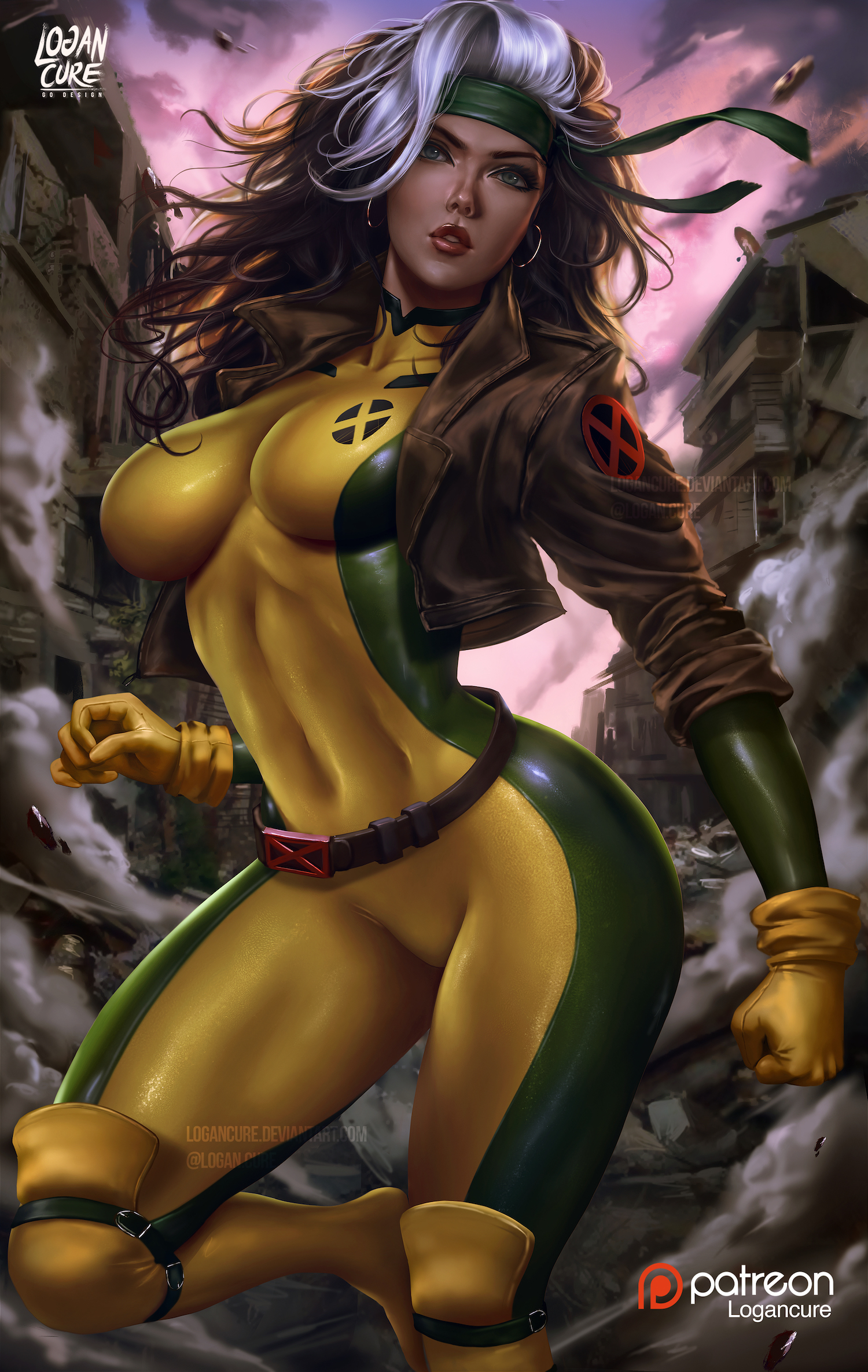 1girls, abs, artist name, belt, bodysuit, bodysuit and jacket, bodysuit under clothes, breasts, clothed, female, female only, gloves, jacket, large breasts, logan cure, marvel, marvel comics, muscular, muscular female, patreon logo, rogue (x-men), solo, text, two-tone hair, url, watermark, wide hips, x-men