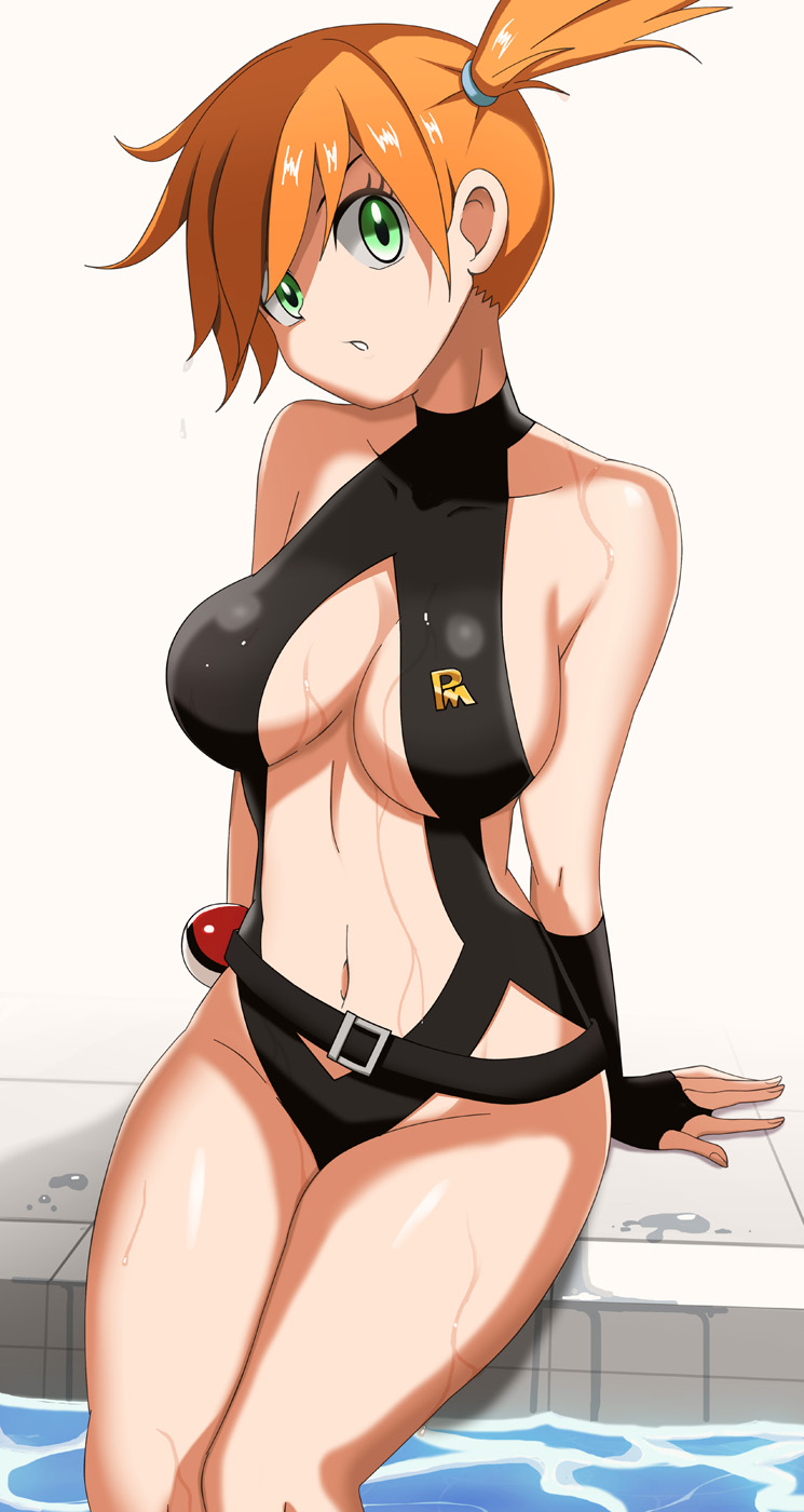 1girls, big breasts, black swimsuit, black swimwear, breasts, clothed female, female, female focus, female only, kasumi (pokemon), misty (pokemon), nintendo, pokemon, pokemon rgby, short hair, short orange hair, solo, solo female, solo focus, the electric tale of pikachu, vivivoovoo