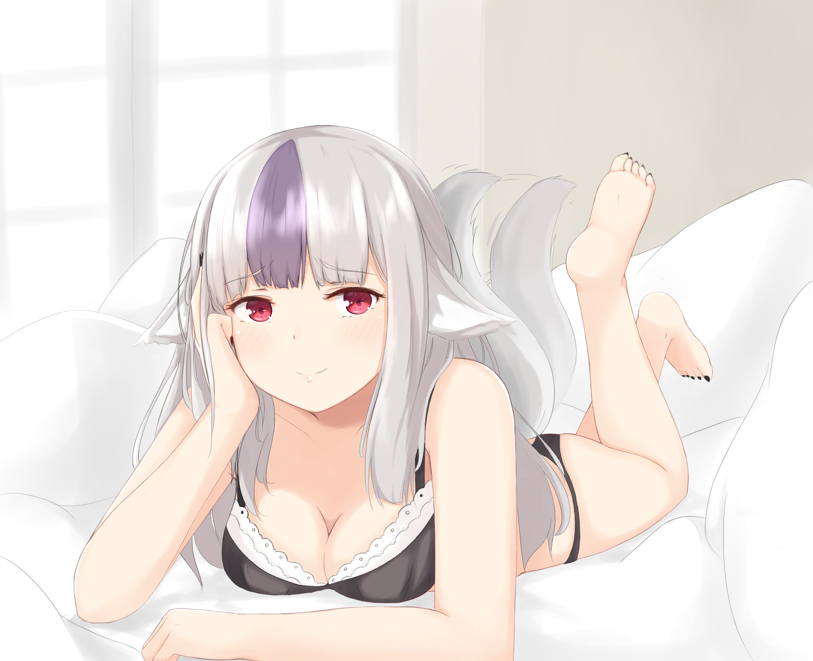 1girls, black bra, black panties, black toenails, feet, feet up, female, female only, fire emblem, fire emblem fates, fire emblem heroes, grey hair, laying down, laying on stomach, lingerie, soles, solo, tailwag, the pose, velouria (fire emblem), wolf ears, wolf girl, wolf tail