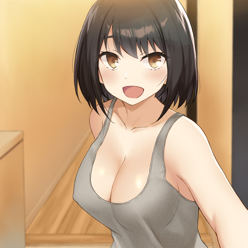 1girls, bare shoulders, big breasts, black hair, blush, breasts, brown eyes, busty, cccpo, cleavage, cute, erect nipples, female, hallway, happy, nipples, no bra, open mouth, opening door, original, pov, short hair, tank top